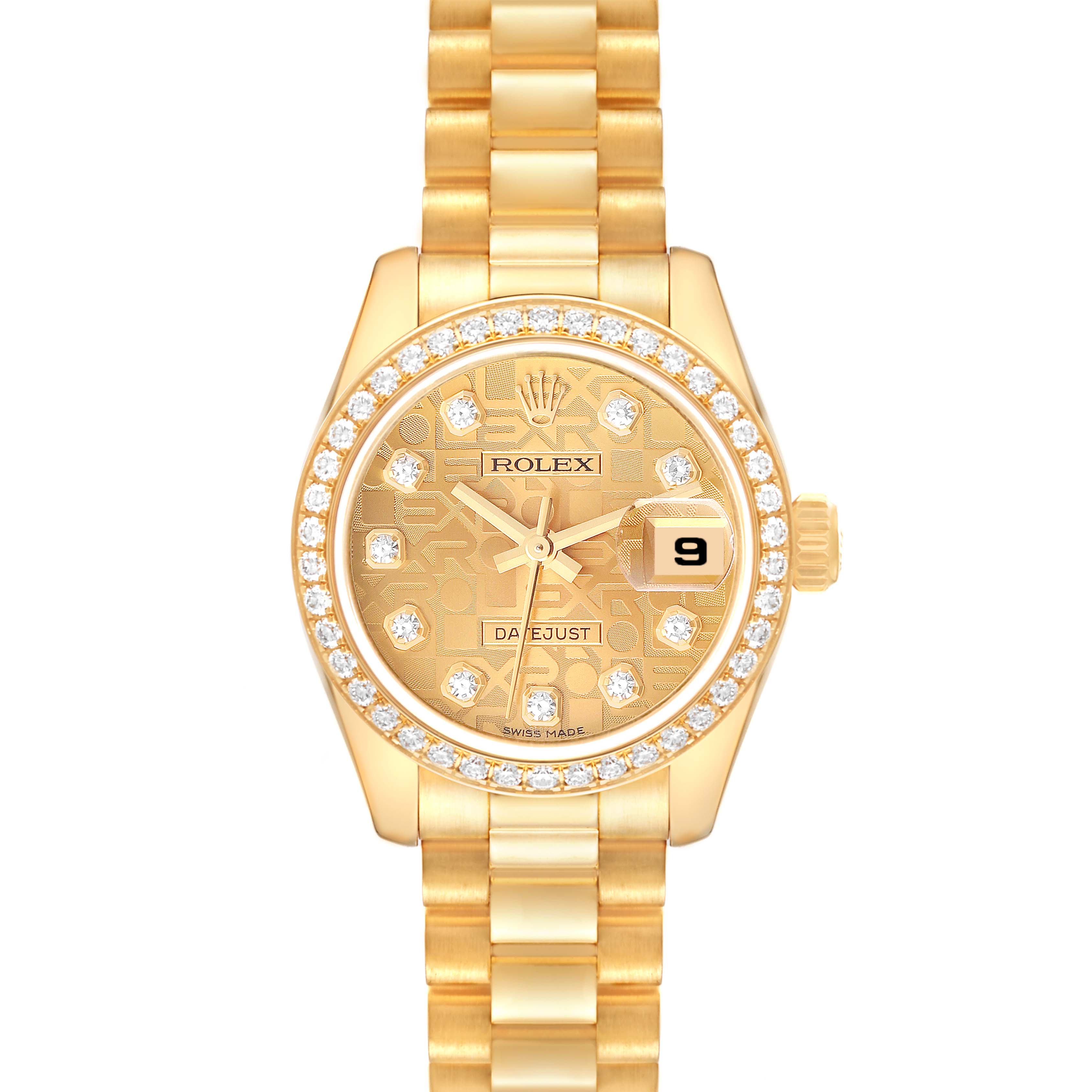 This image shows a gold Rolex President 179138 Women's Yellow Gold Champagne Dial 179138 Women's Yellow Gold Champagne Dial model watch with a diamond-studded bezel and a date indicator.