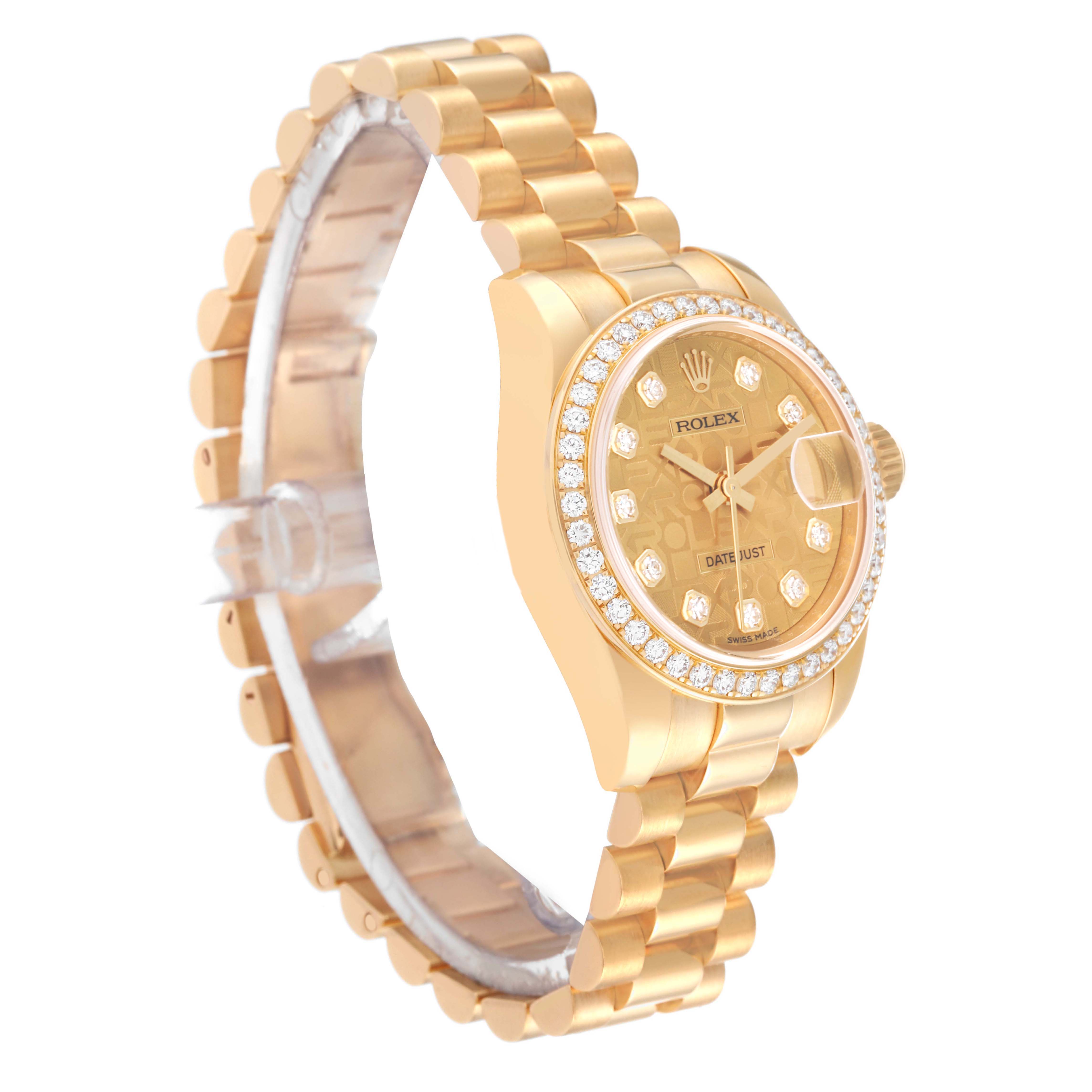 The image shows a Rolex President 179138 Women's Yellow Gold Champagne Dial 179138 Women's Yellow Gold Champagne Dial watch at a slight angle, highlighting its gold bracelet, diamond bezel, and dial.