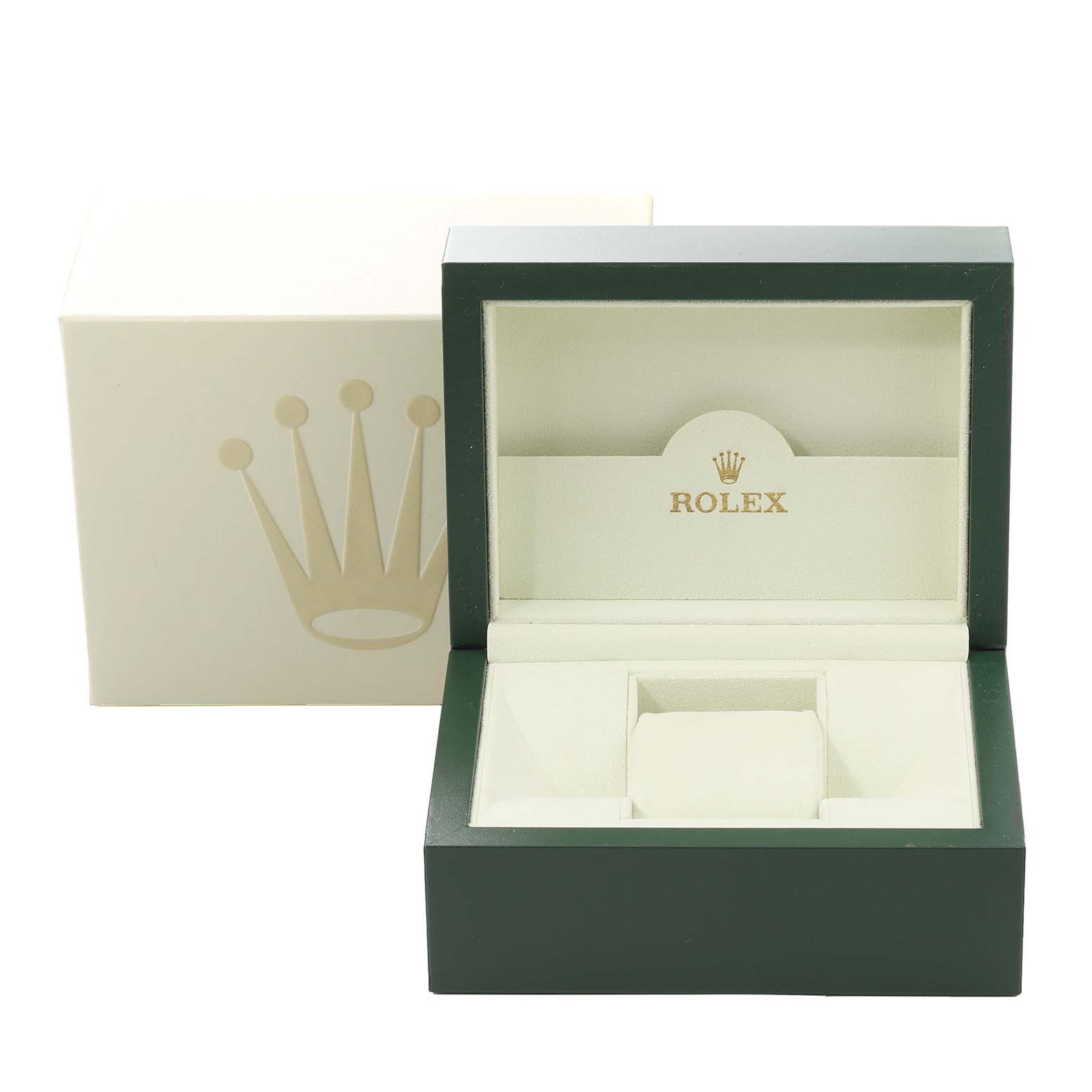 The image shows an open watch box for a Rolex President 179138 Women's Yellow Gold Champagne Dial 179138 Women's Yellow Gold Champagne Dial model, featuring a green exterior and cream interior with the brand logo.