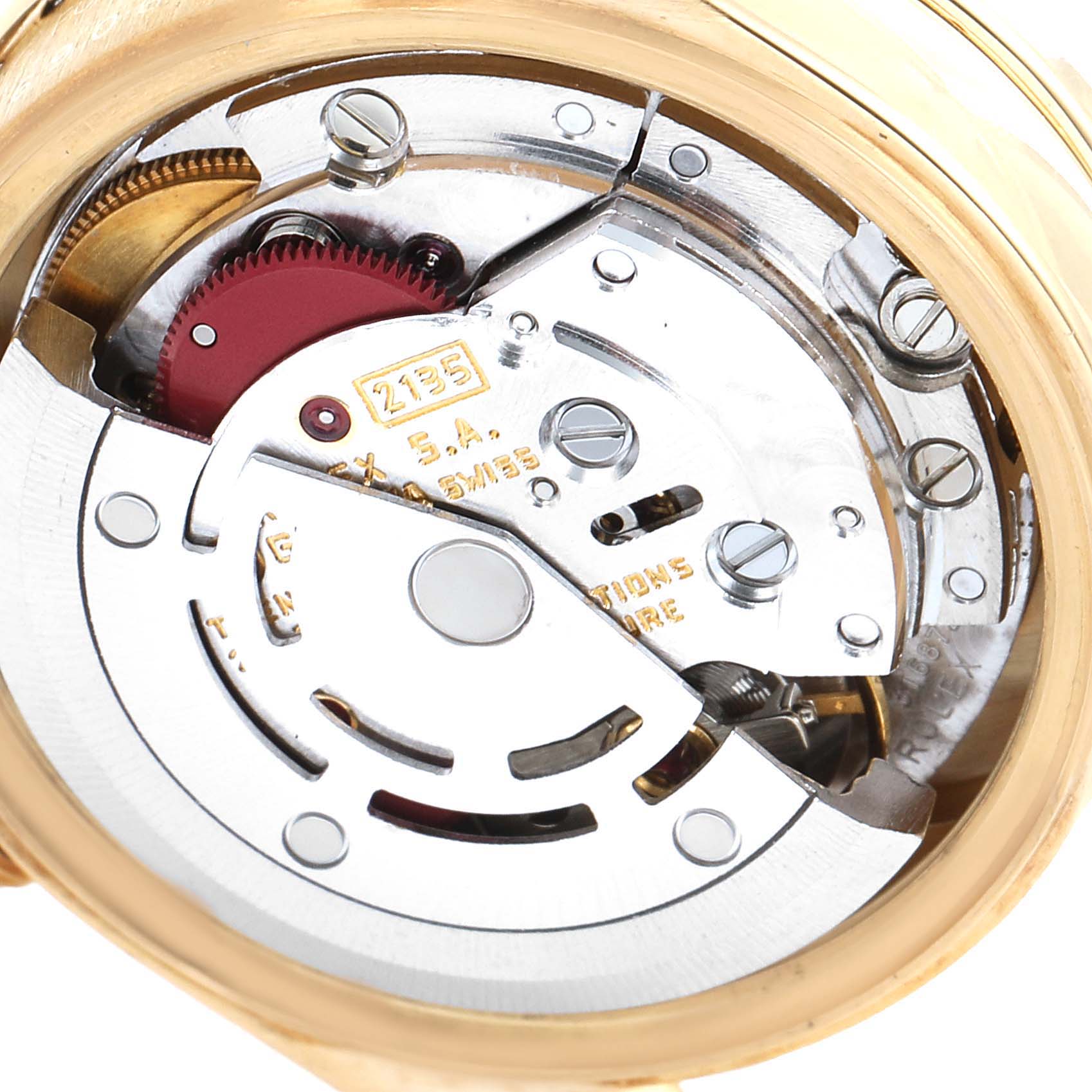 This image shows the movement mechanism of a Rolex President 69068 Women
s Yellow Gold Champagne Dial 69068 Women
s Yellow Gold Champagne Dial model watch from a close-up back angle.