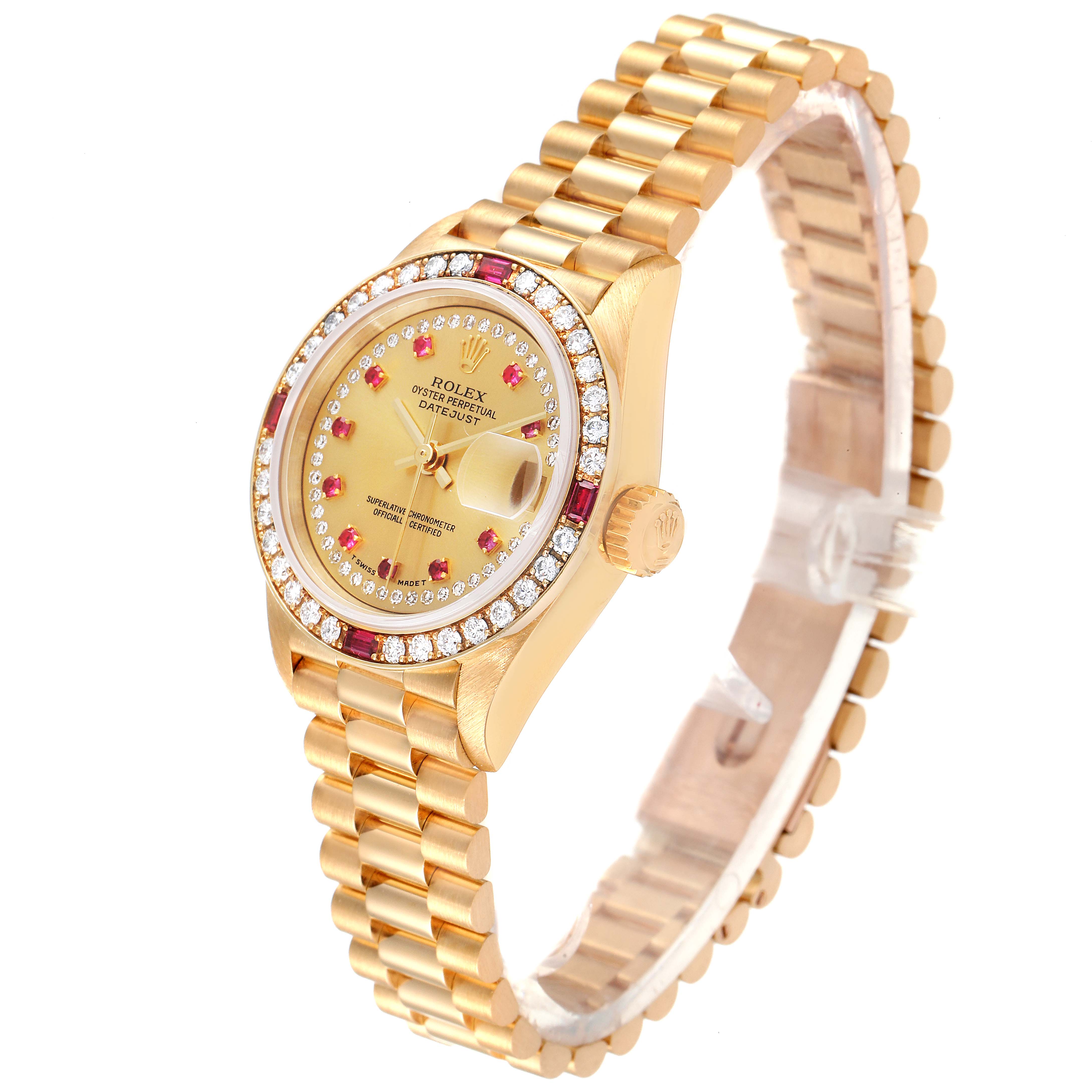 The image shows a Rolex President 69068 Women
s Yellow Gold Champagne Dial 69068 Women
s Yellow Gold Champagne Dial model watch angled to display the face, bezel, and bracelet.