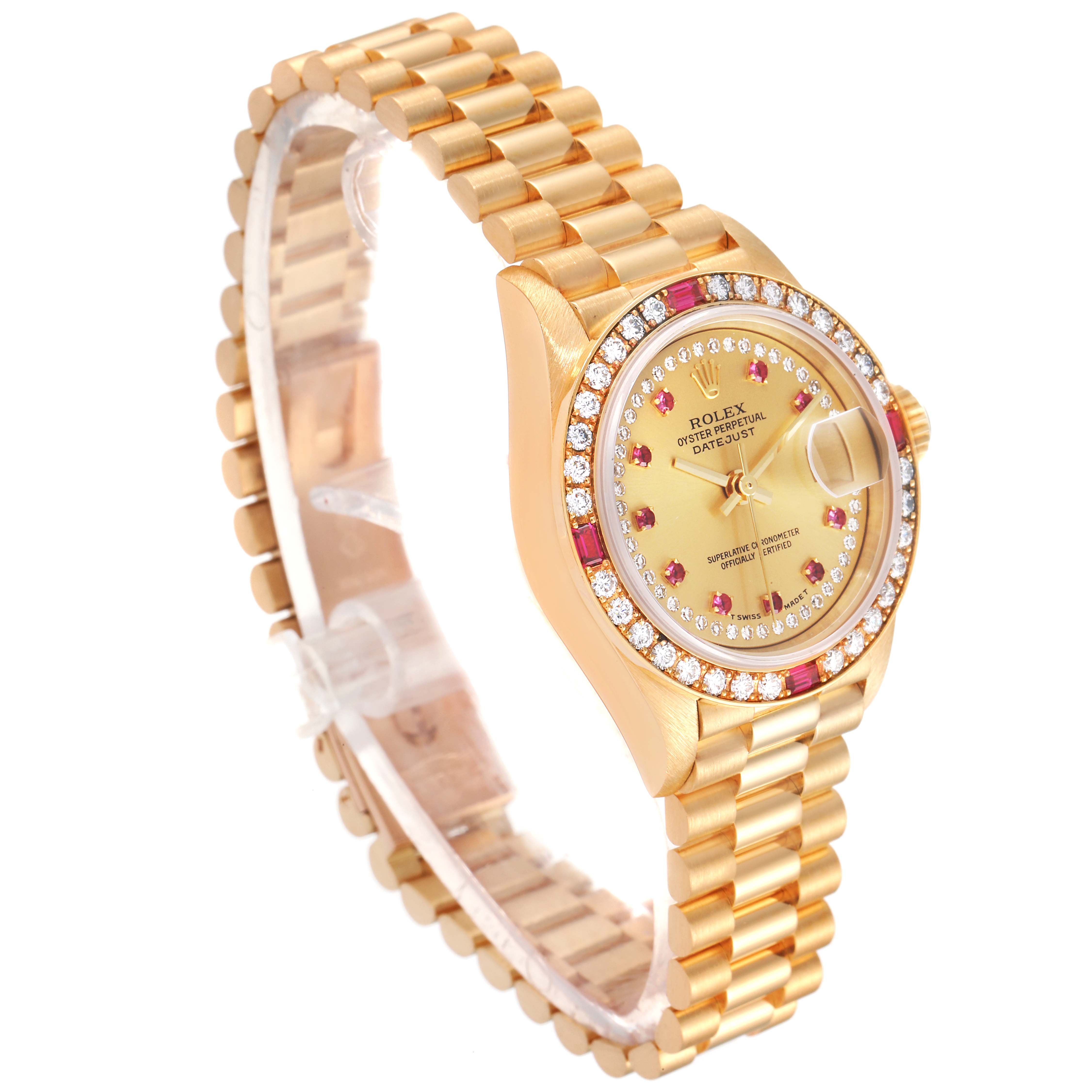 This Rolex President 69068 Women
s Yellow Gold Champagne Dial 69068 Women
s Yellow Gold Champagne Dial model watch is shown at an oblique angle, highlighting its gold bracelet, bezel, and dial.