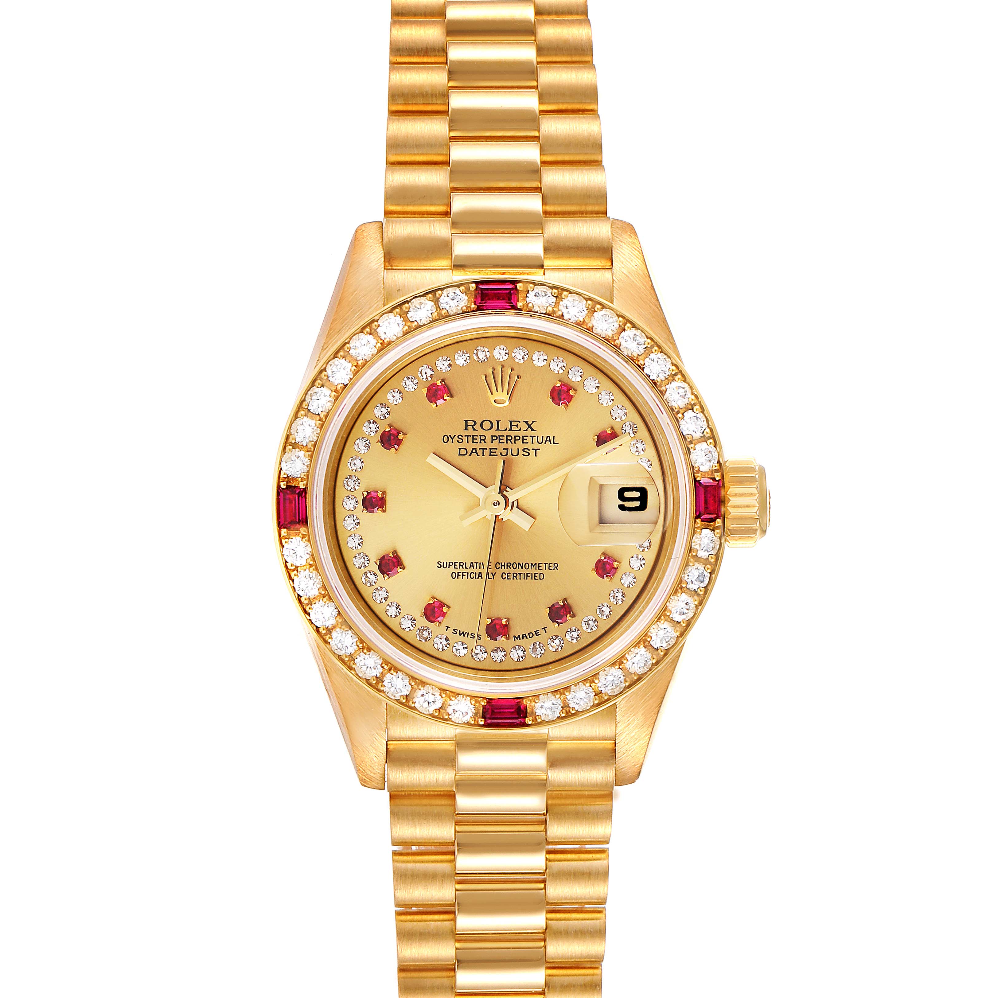 This image shows a frontal view of the Rolex President 69068 Women
s Yellow Gold Champagne Dial 69068 Women
s Yellow Gold Champagne Dial model watch, highlighting the gold bracelet, diamond bezel, and date display.