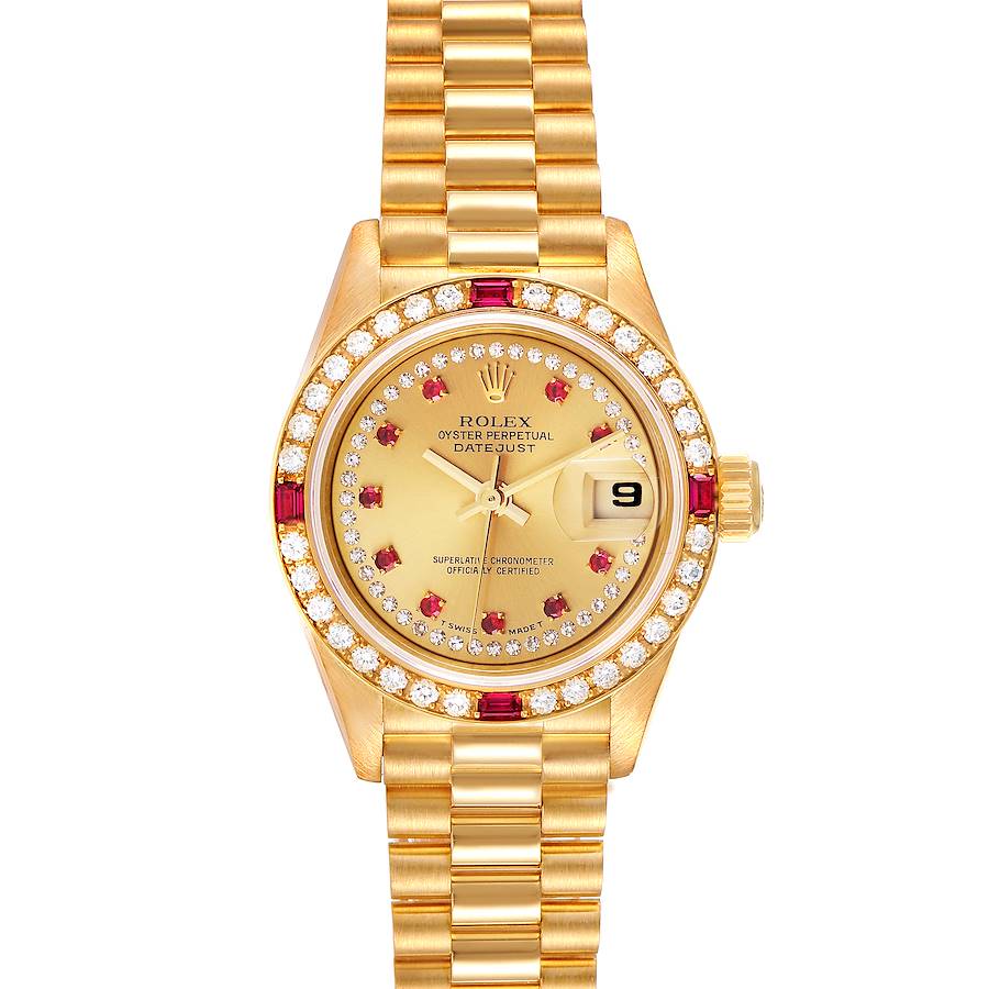 Rolex President Yellow Gold String Dial Diamond Ruby Ladies Watch 69068 SwissWatchExpo