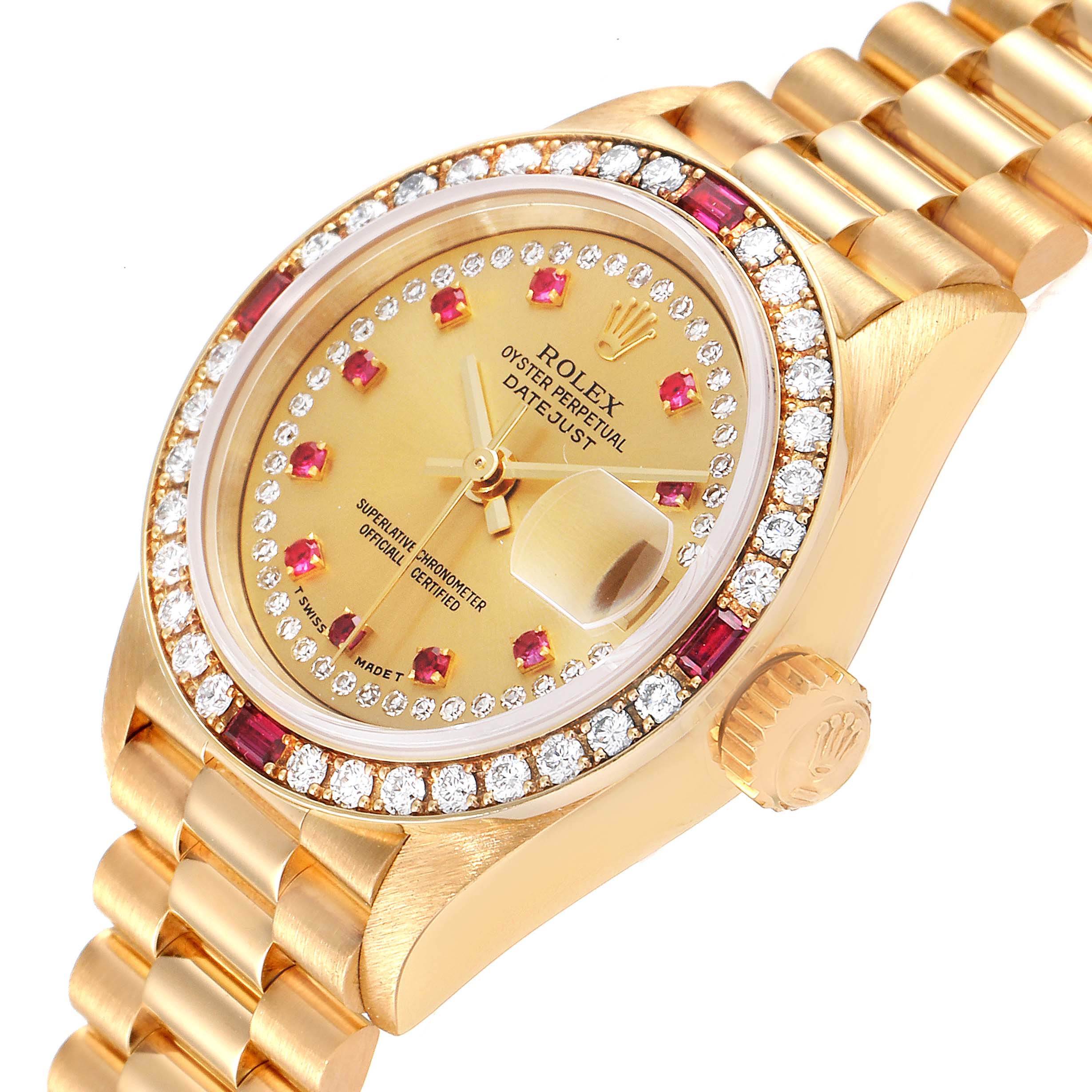 The Rolex President 69068 Women
s Yellow Gold Champagne Dial 69068 Women
s Yellow Gold Champagne Dial model watch is shown at an angled view, featuring its gold bracelet, diamond and ruby bezel, and signed crown.