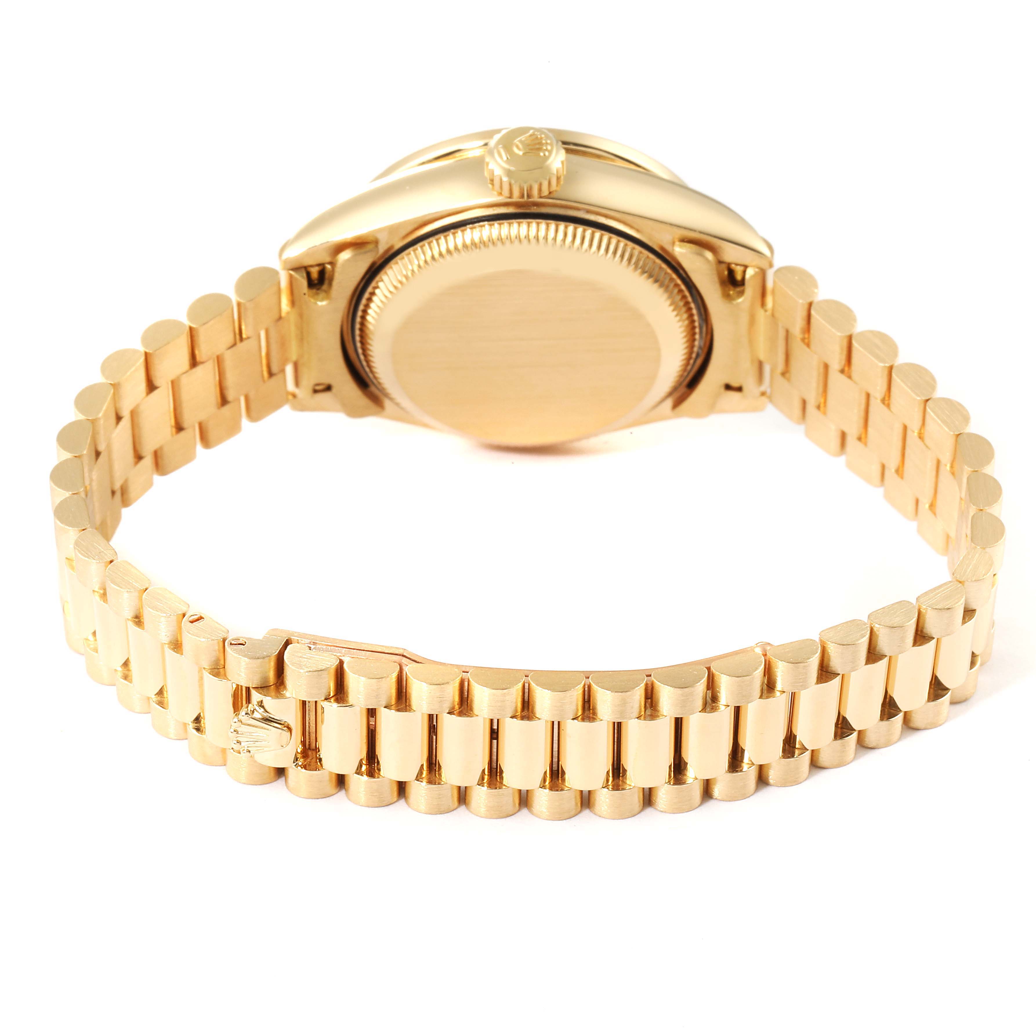 This image shows the back view of a Rolex President 69068 Women
s Yellow Gold Champagne Dial 69068 Women
s Yellow Gold Champagne Dial model watch, highlighting its gold bracelet and the case back.