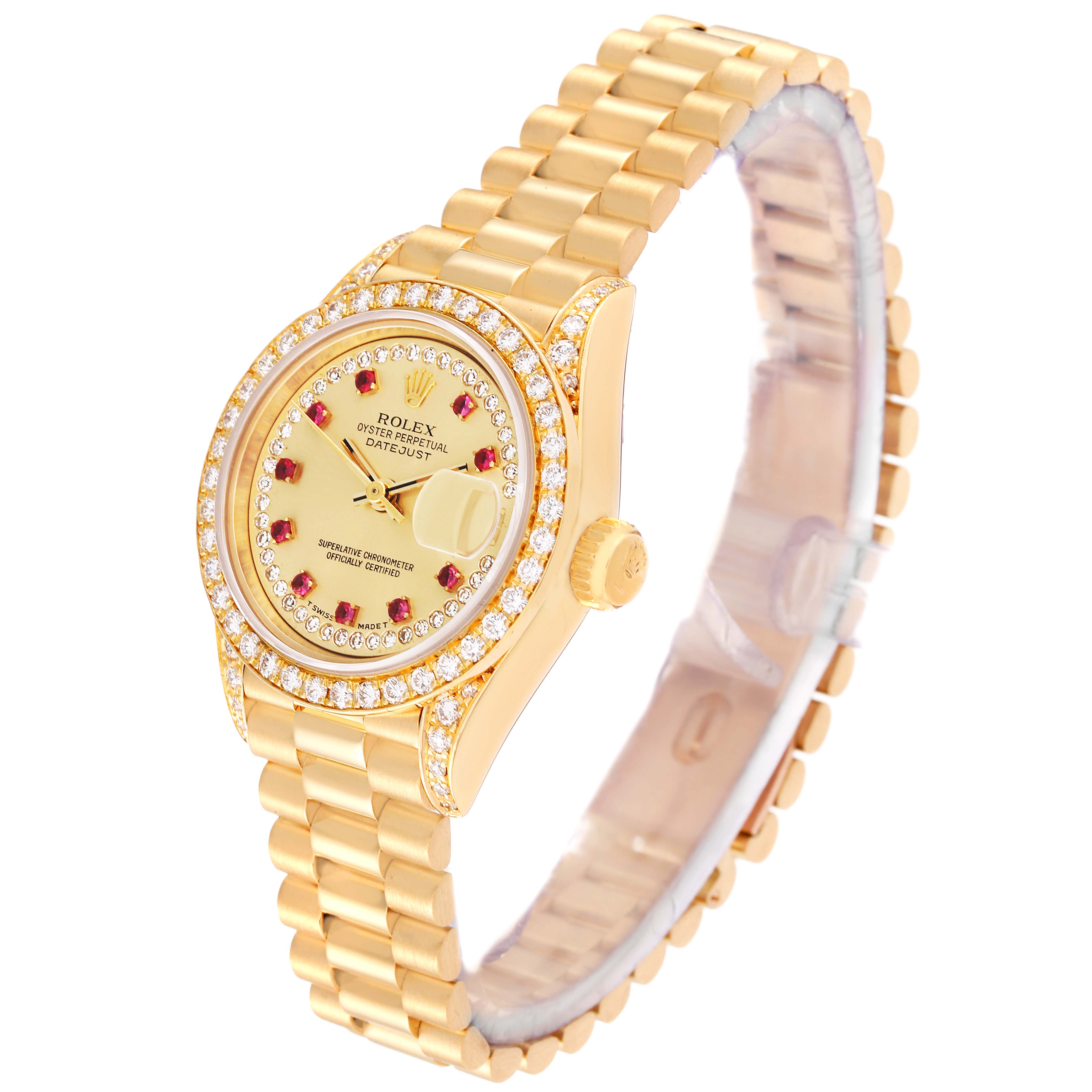 The image shows a Rolex President 69158 Women
s Yellow Gold Champagne Dial 69158 Women
s Yellow Gold Champagne Dial model watch at a three-quarter angle, highlighting the face, bezel, crown, and bracelet.