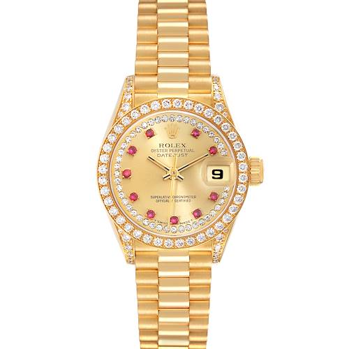 Photo of Rolex President Yellow Gold String Diamond Ruby Dial Ladies Watch 69158