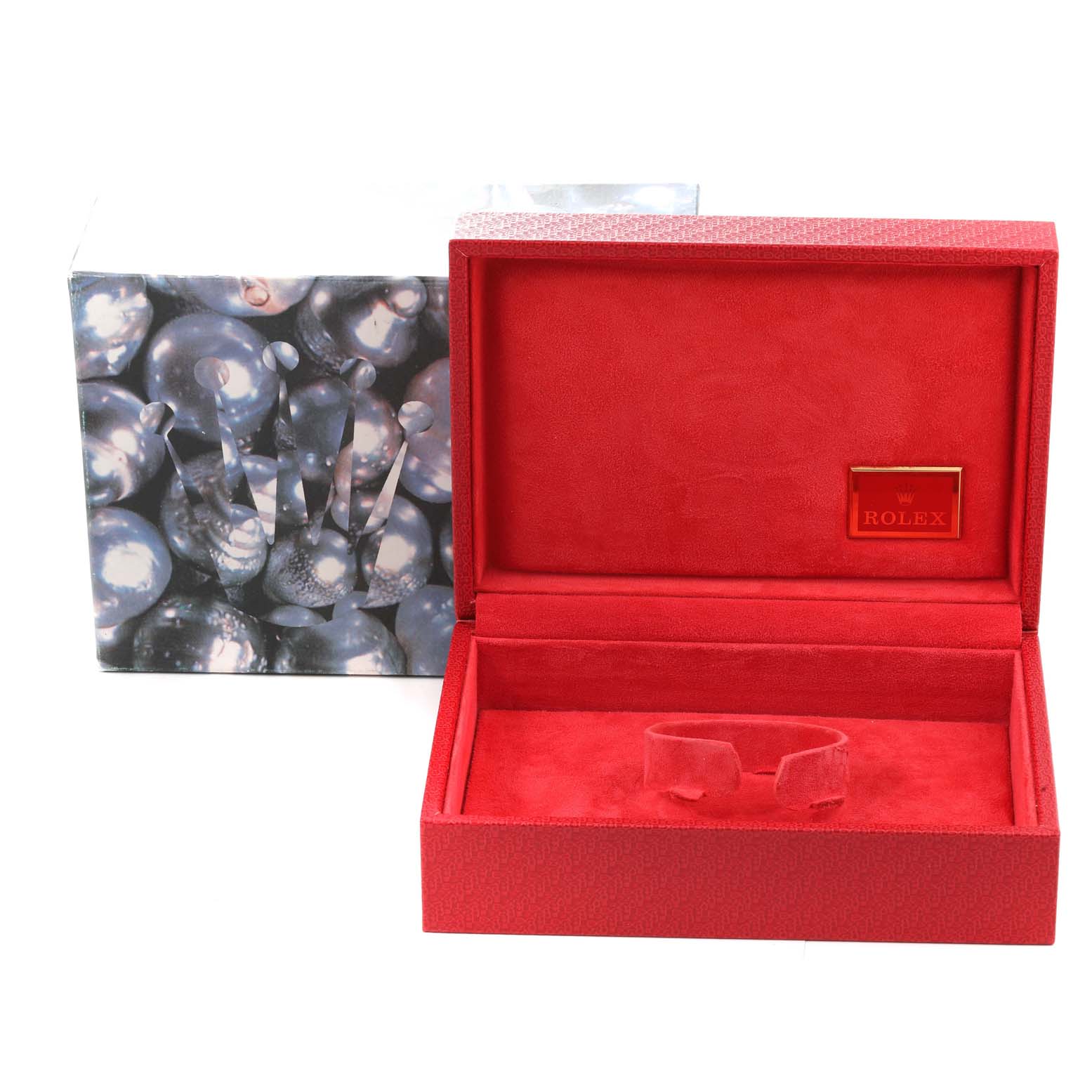 The image shows an empty Rolex President 69158 Women
s Yellow Gold Champagne Dial 69158 Women
s Yellow Gold Champagne Dial model watch box and outer case, with the box open to reveal the red interior.