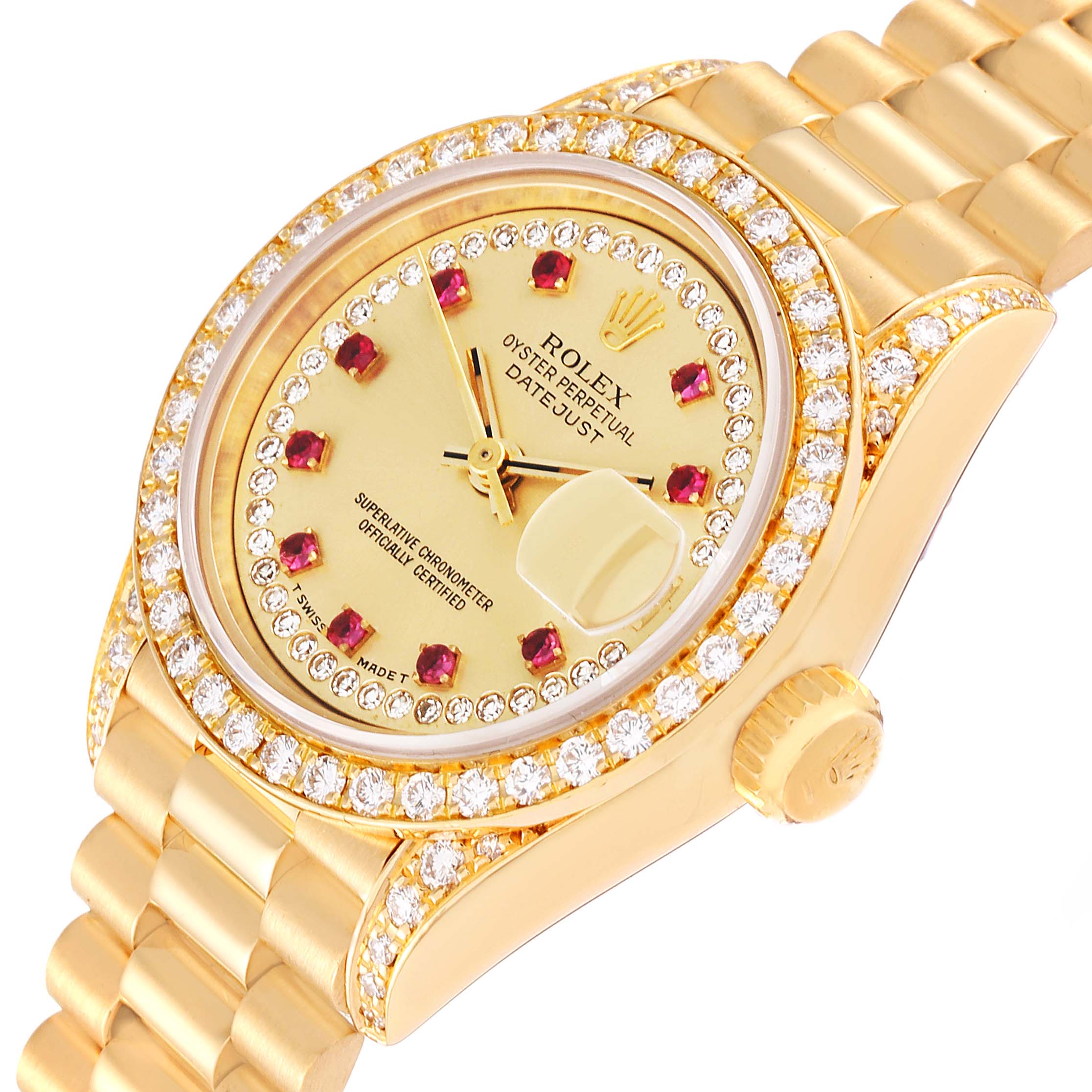 This image shows an angled view of the Rolex President 69158 Women
s Yellow Gold Champagne Dial 69158 Women
s Yellow Gold Champagne Dial model watch, highlighting its face, bezel, and part of the bracelet.
