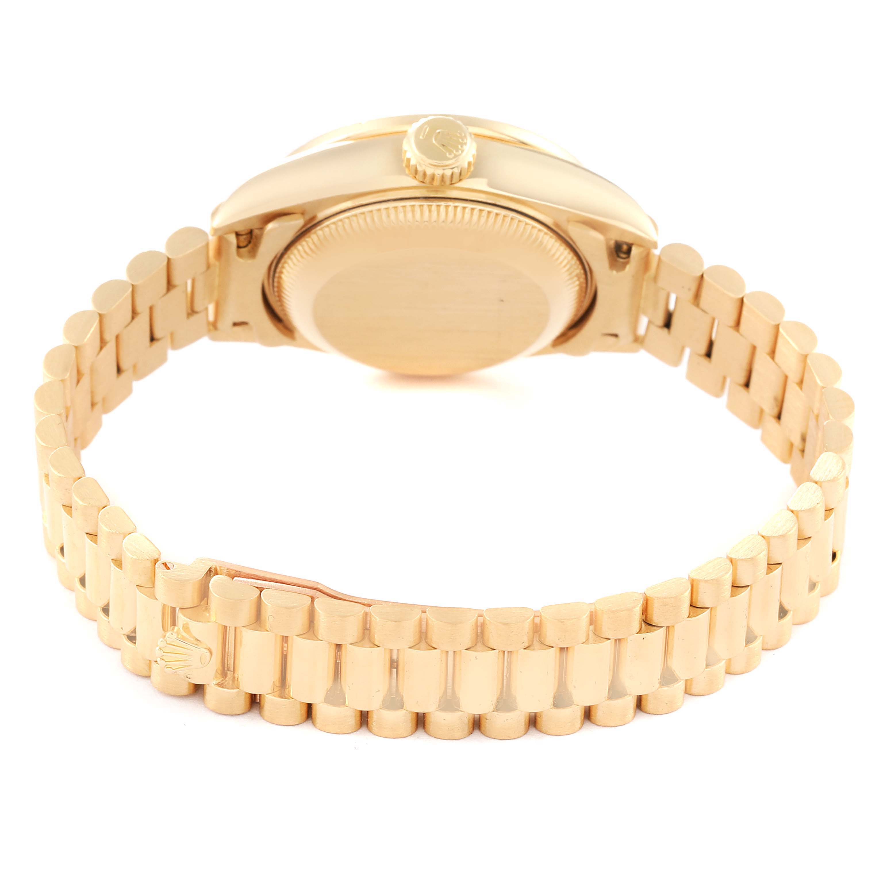 This image shows the back of a Rolex President 69158 Women
s Yellow Gold Champagne Dial 69158 Women
s Yellow Gold Champagne Dial model watch, focusing on the case back and bracelet.