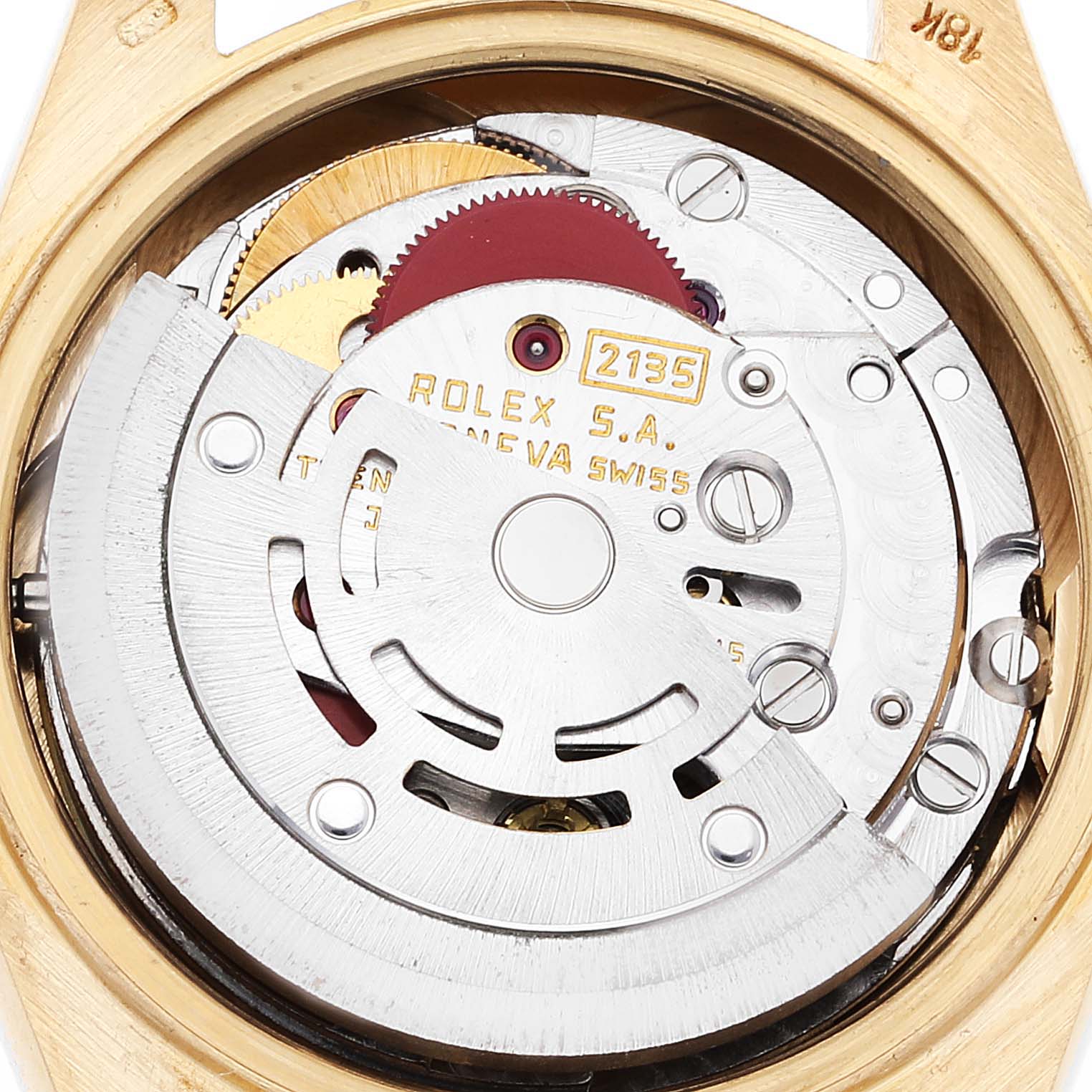 The image shows the internal movement mechanics of a Rolex President 69158 Women
s Yellow Gold Champagne Dial 69158 Women
s Yellow Gold Champagne Dial model watch from a top-down angle.