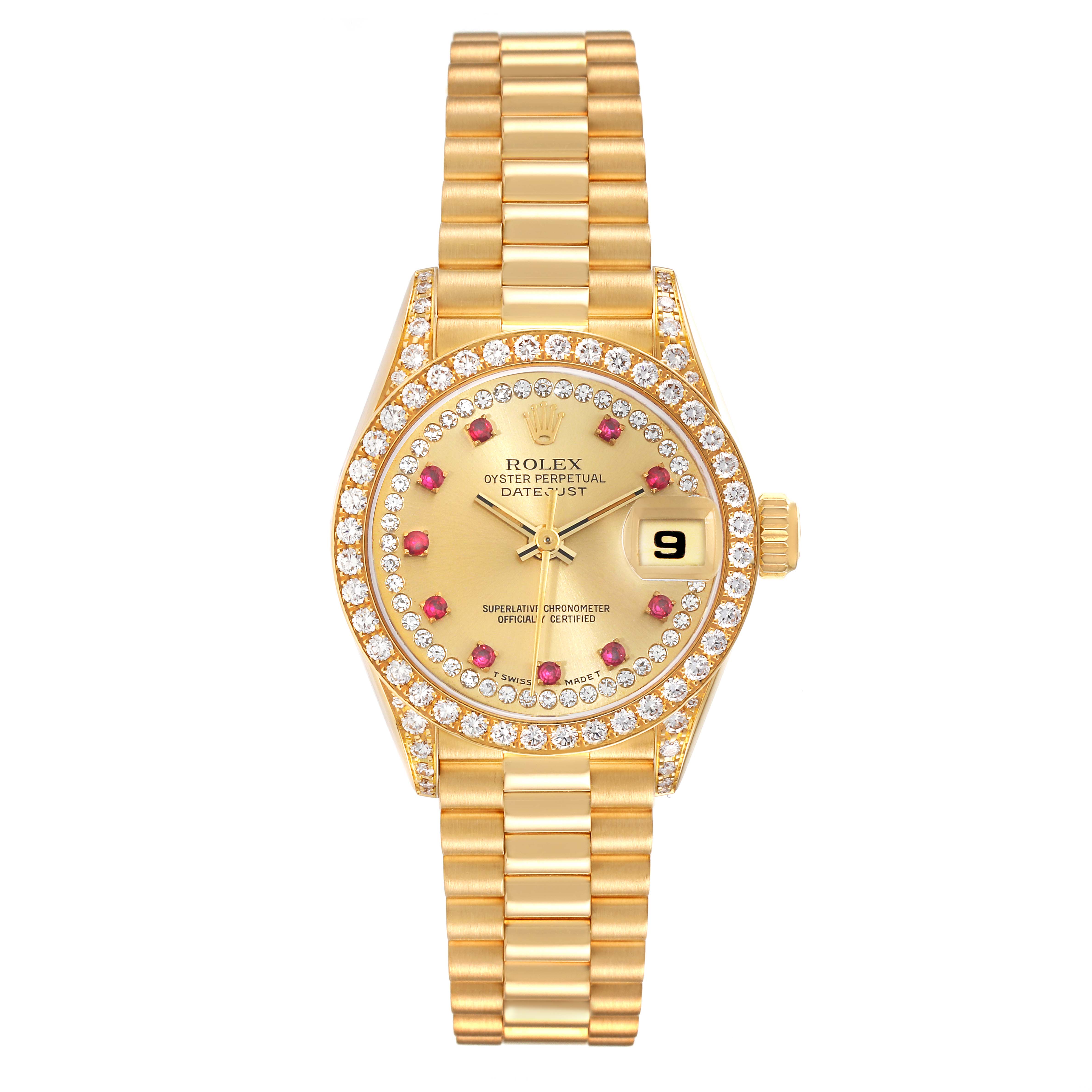 This is a frontal view of a Rolex President 69158 Women
s Yellow Gold Champagne Dial 69158 Women
s Yellow Gold Champagne Dial model watch, showcasing its gold bracelet, diamond bezel, and dial with a date feature at 3 o
clock.