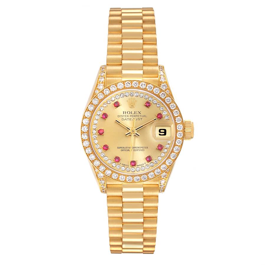 Rolex President Yellow Gold String Diamond Ruby Dial Ladies Watch