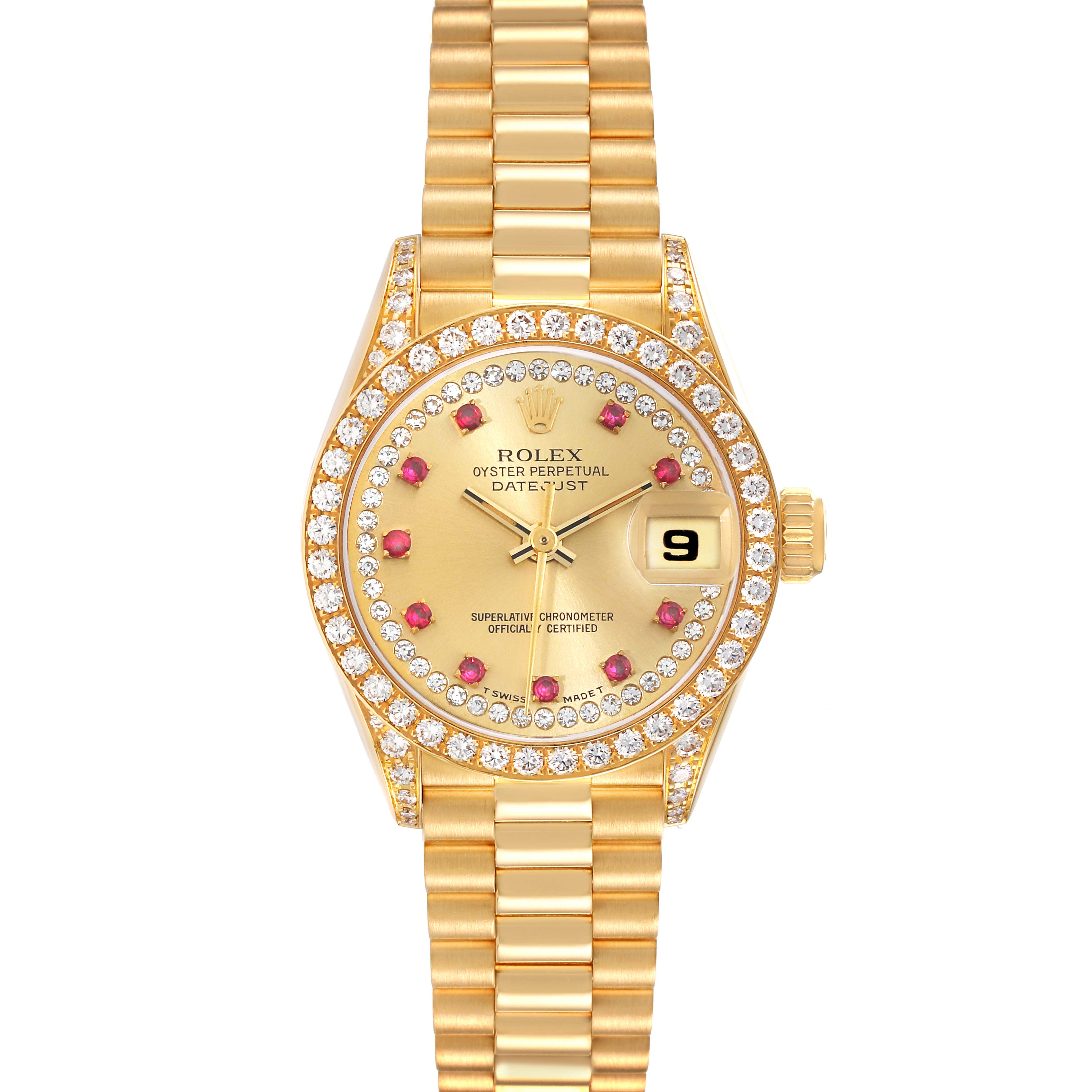 This Rolex President 69158 Women
s Yellow Gold Champagne Dial 69158 Women
s Yellow Gold Champagne Dial model watch is shown from a front angle, displaying its dial, bezel, and bracelet.