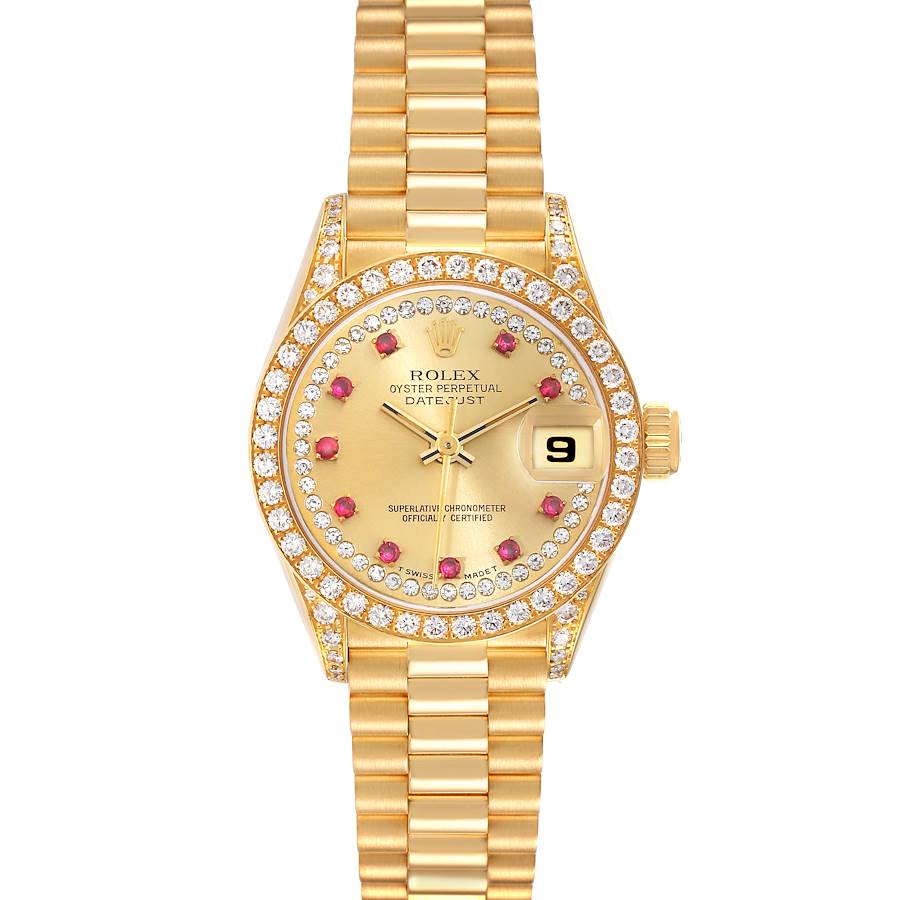 Rolex President Yellow Gold String Diamond Ruby Dial Ladies Watch 69158 SwissWatchExpo