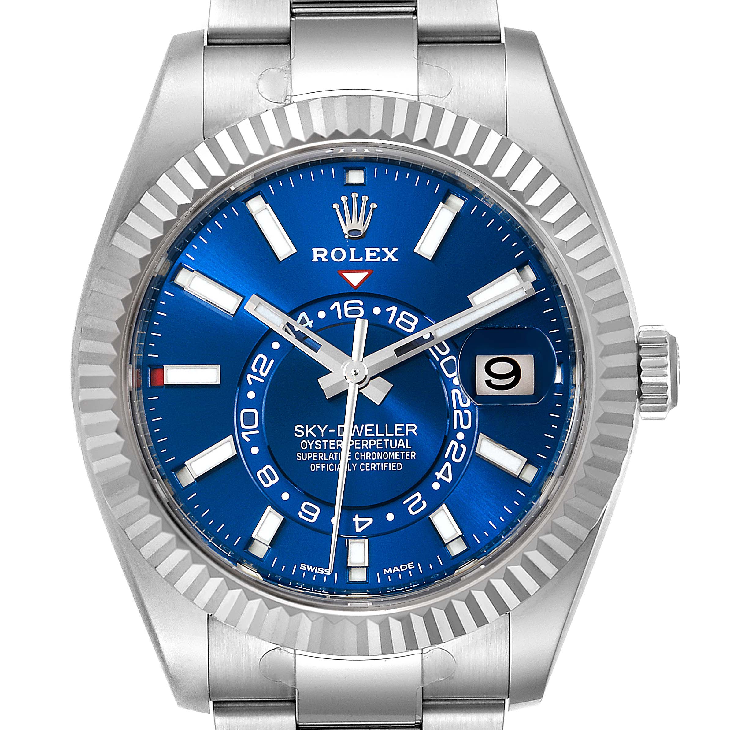 The image shows a front view of a Rolex Sky-Dweller 326934 Men's Stainless Steel Blue Dial 326934 Men's Stainless Steel Blue Dial watch featuring a blue dial and a fluted bezel.