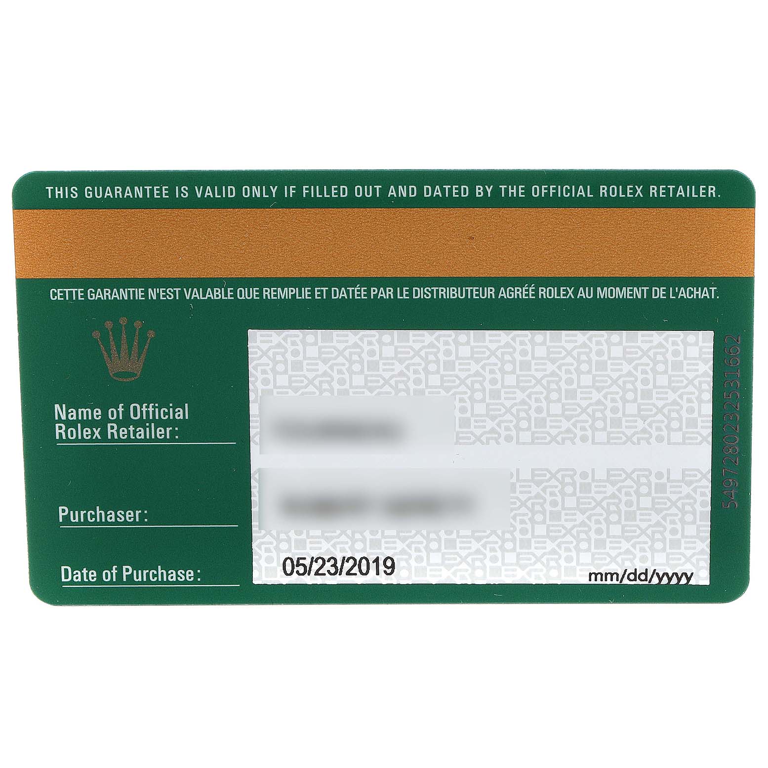 This image shows the warranty card for a Rolex Sky-Dweller 326934 Men's Stainless Steel Blue Dial 326934 Men's Stainless Steel Blue Dial watch.