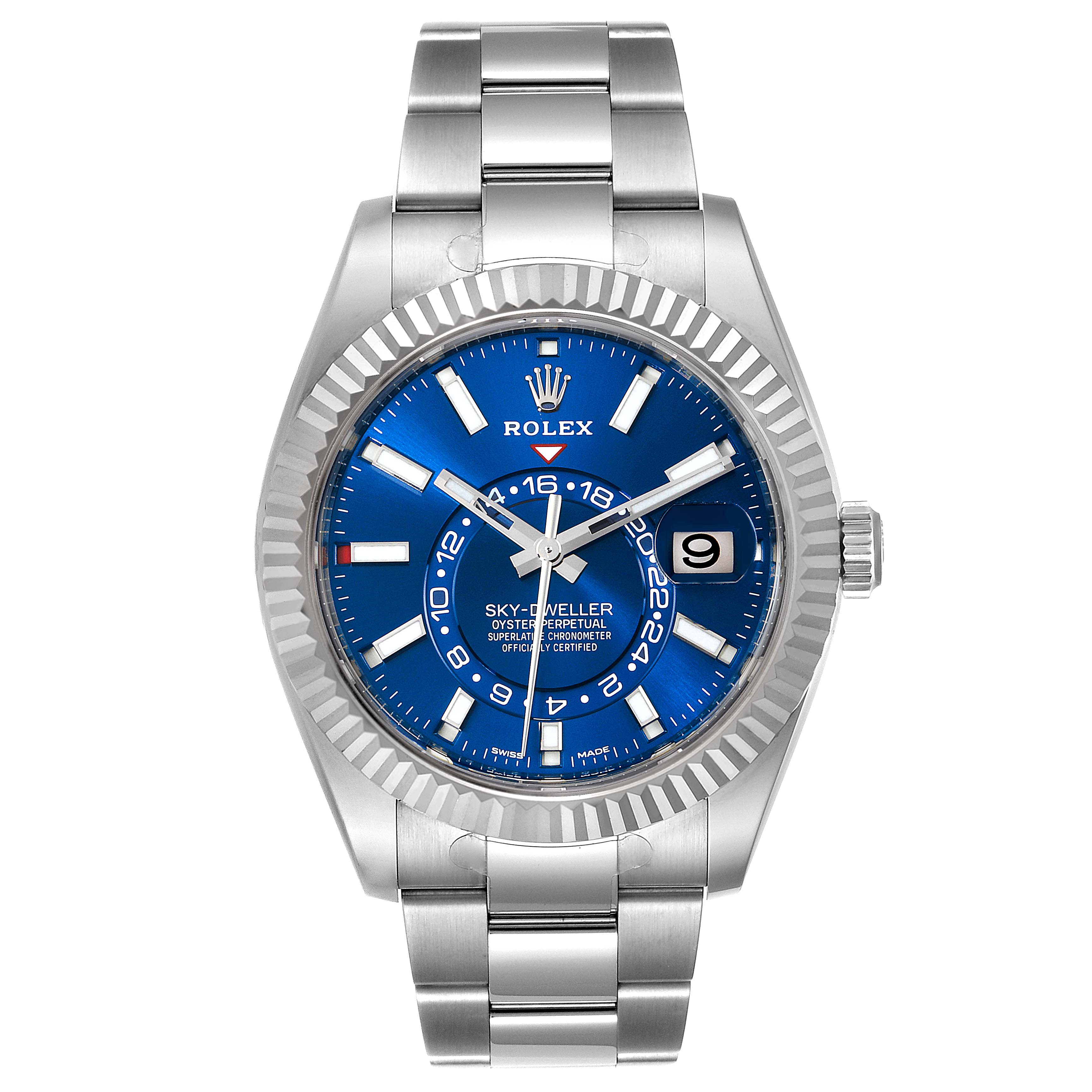 The image shows a front view of the Rolex Sky-Dweller 326934 Men's Stainless Steel Blue Dial 326934 Men's Stainless Steel Blue Dial watch with a blue dial, date display, and stainless steel bracelet.