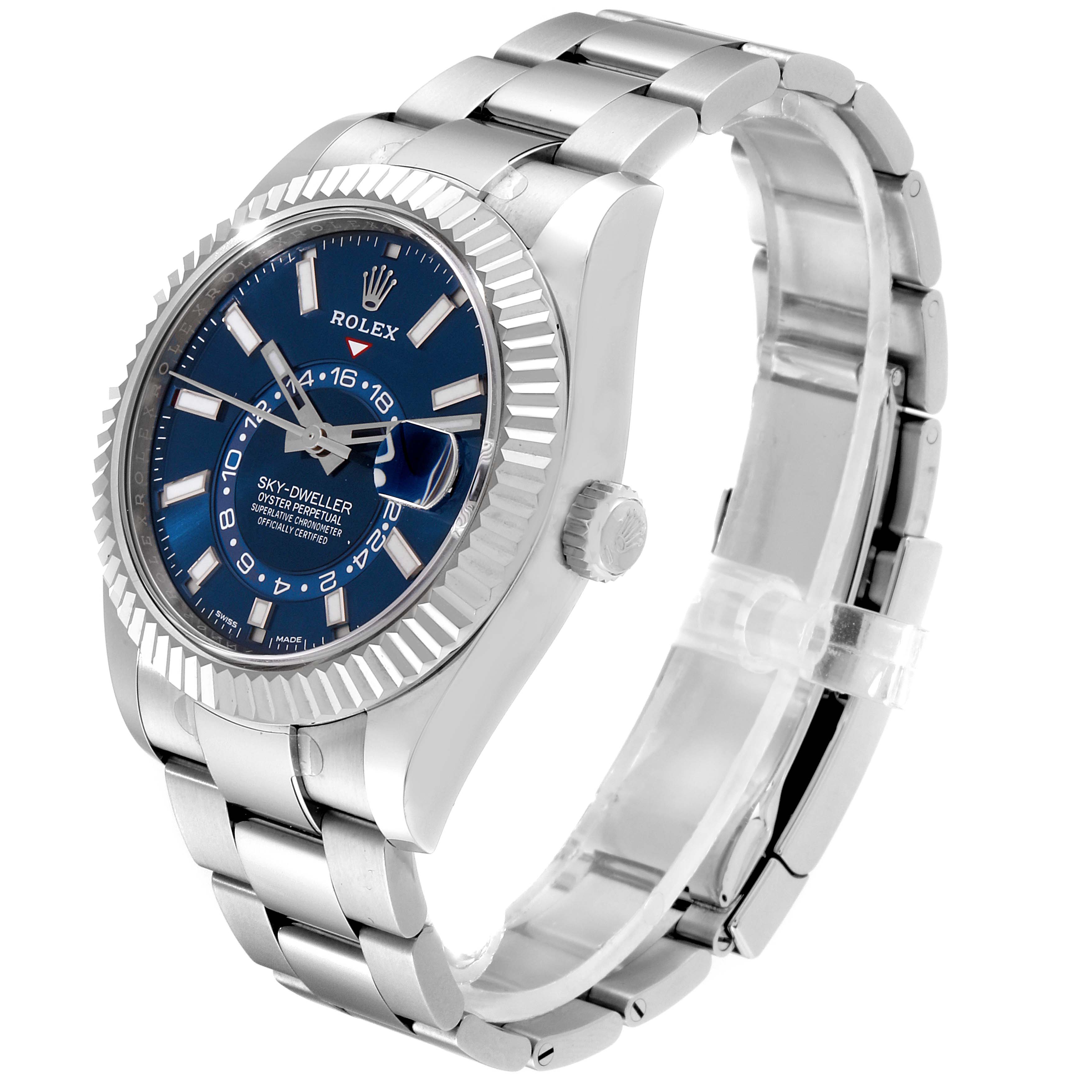 The image shows a side angle of a Rolex Sky-Dweller 326934 Men's Stainless Steel Blue Dial 326934 Men's Stainless Steel Blue Dial watch, highlighting its blue dial, fluted bezel, and stainless steel bracelet.