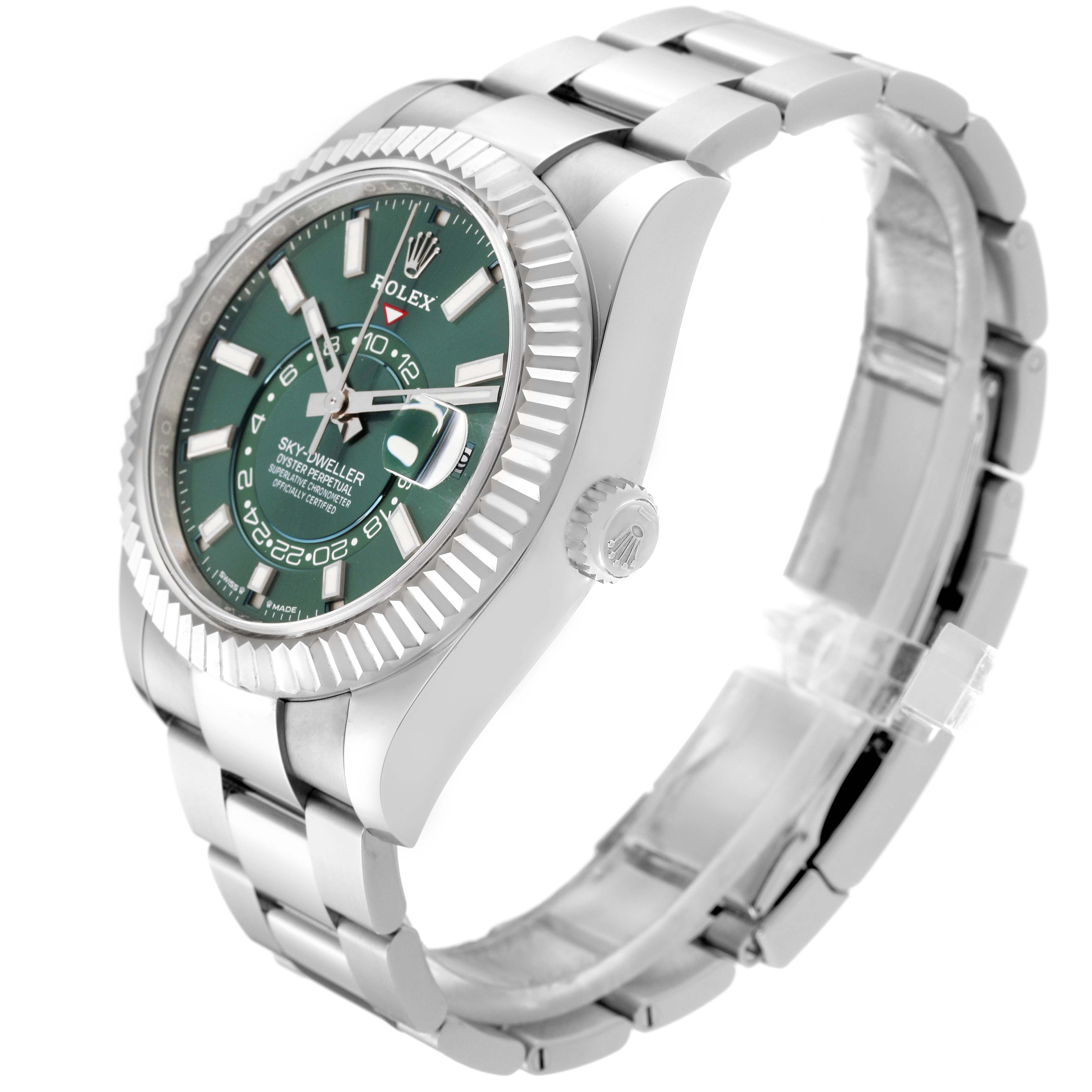 The image shows a Rolex Sky-Dweller 336934 Men
s Stainless Steel Green Dial 336934 Men
s Stainless Steel Green Dial watch at a 3/4 angle, highlighting the dial, bezel, case, crown, and bracelet.