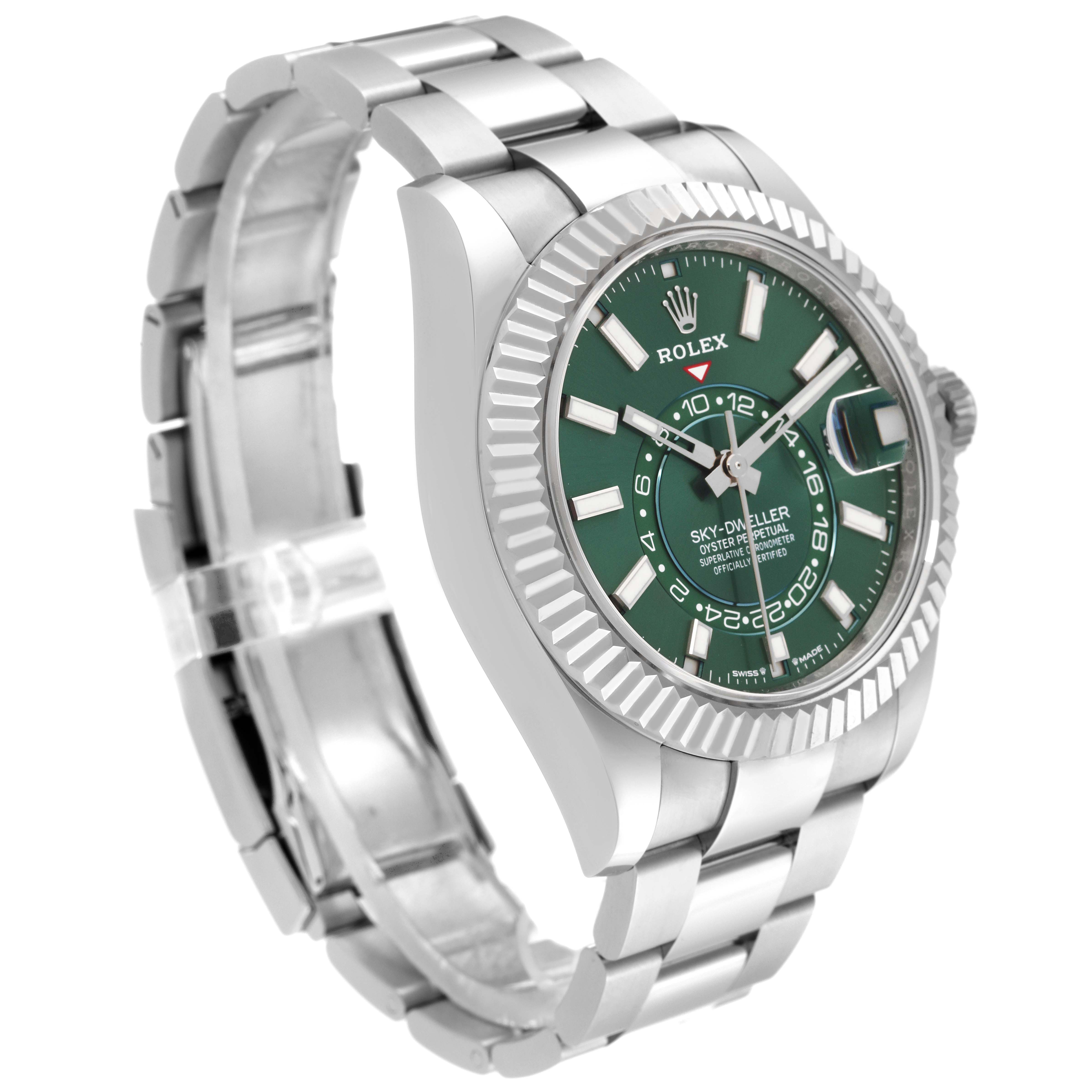 The image shows a Rolex Sky-Dweller 336934 Men
s Stainless Steel Green Dial 336934 Men
s Stainless Steel Green Dial watch from an angled side view, highlighting the face, bezel, and bracelet.