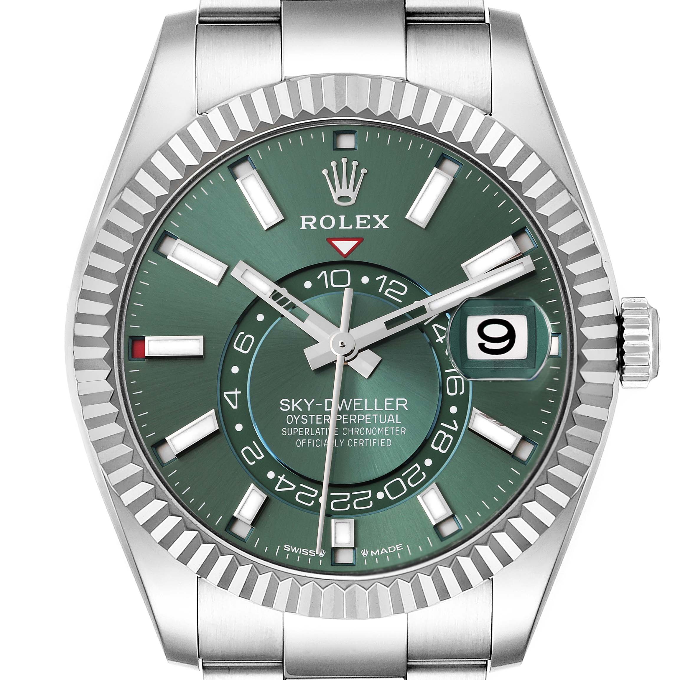 The image shows a frontal view of the Rolex Sky-Dweller 336934 Men
s Stainless Steel Green Dial 336934 Men
s Stainless Steel Green Dial watch, featuring a green dial, fluted bezel, and date window.