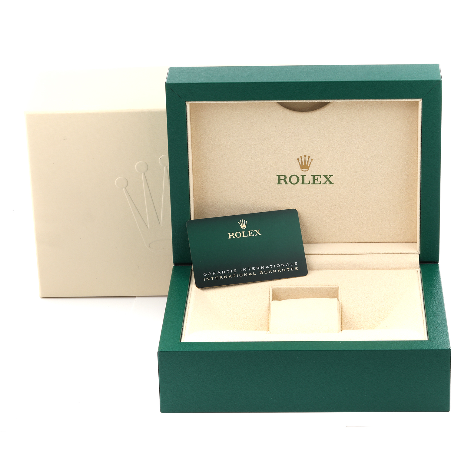 The image shows the packaging and warranty card of a Rolex Sky-Dweller 336934 Men
s Stainless Steel Green Dial 336934 Men
s Stainless Steel Green Dial watch, with the box in green and cream colors.