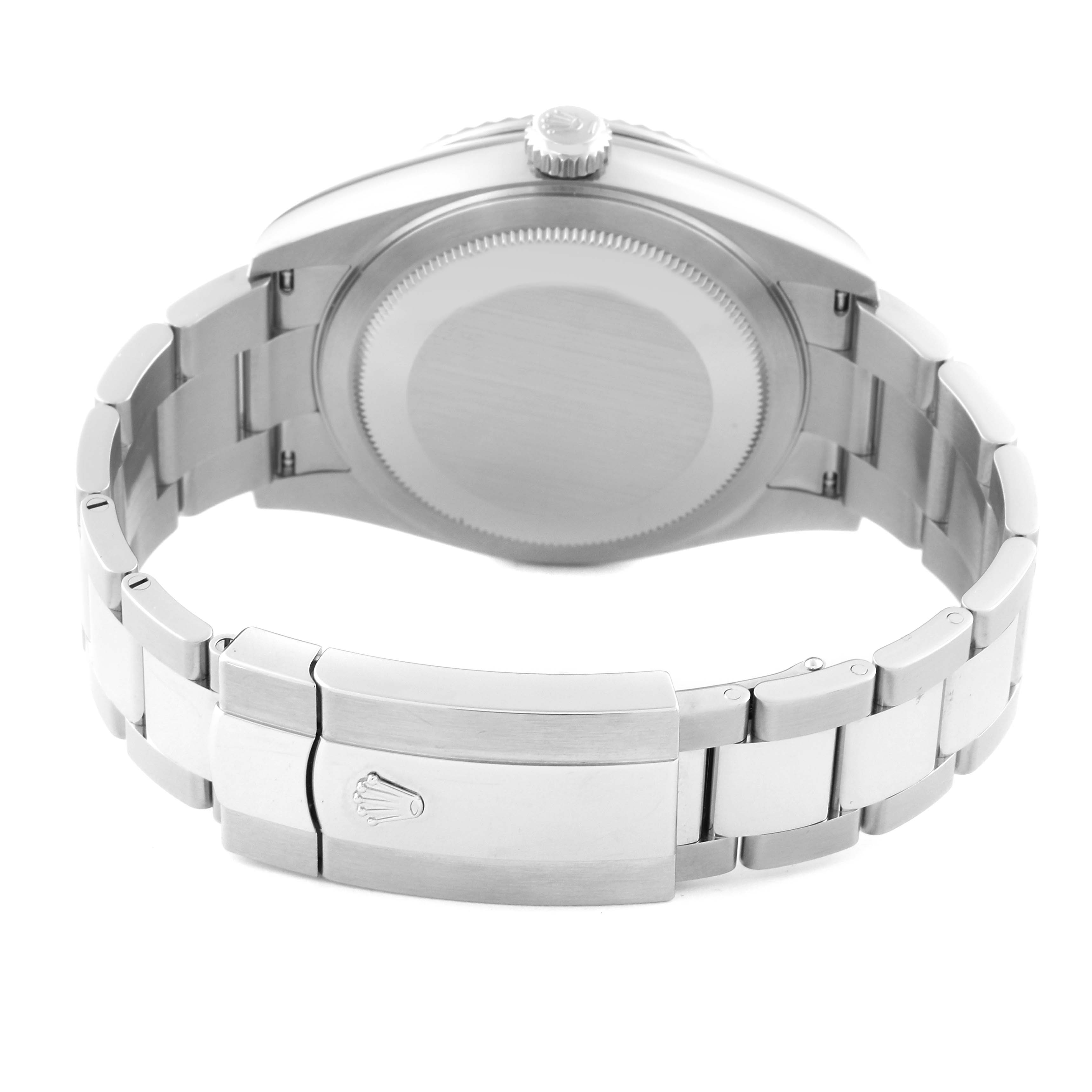 This image shows a rear view of the Rolex Sky-Dweller 336934 Men
s Stainless Steel Green Dial 336934 Men
s Stainless Steel Green Dial watch, highlighting its clasp and case back.