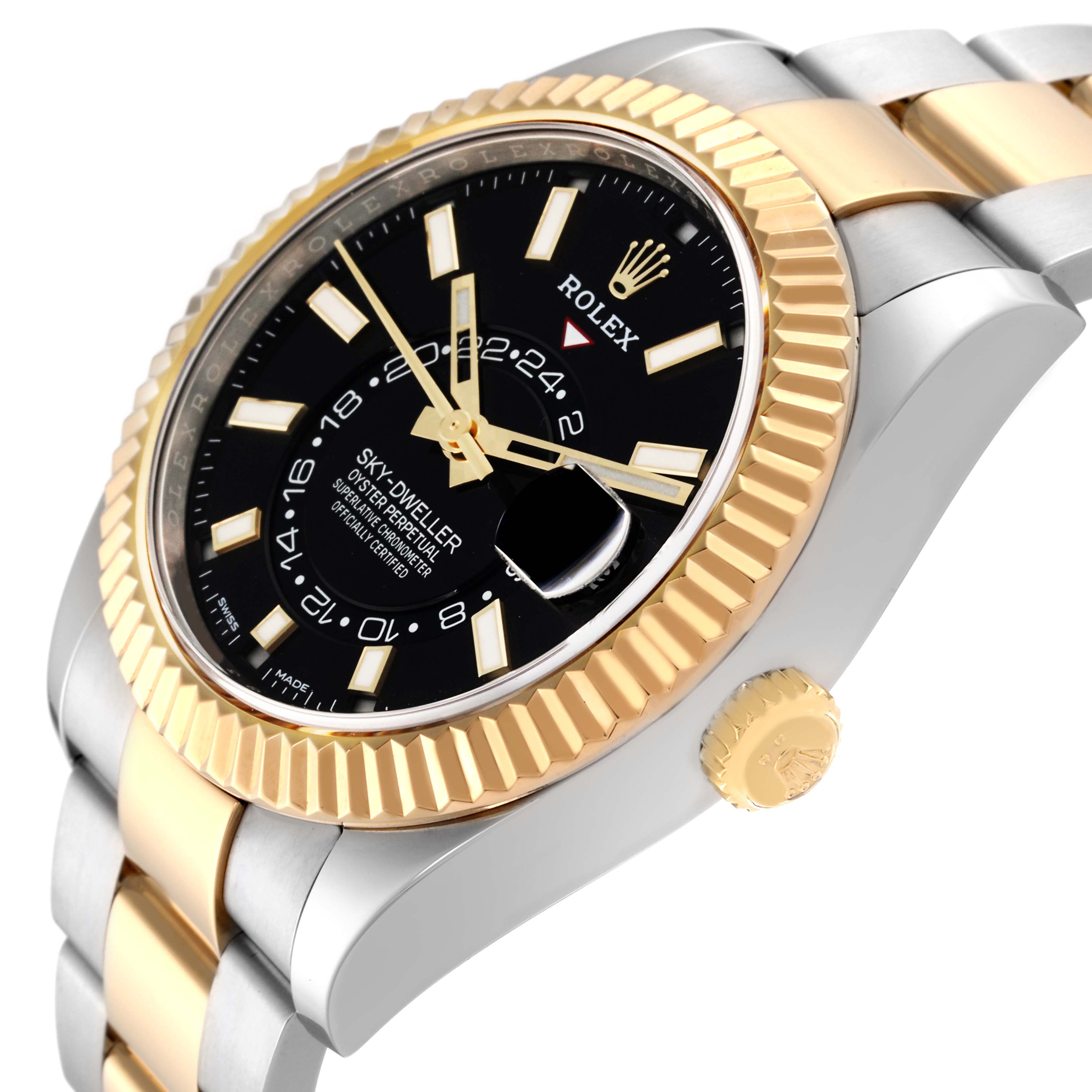 The image shows a side angle of a Rolex Sky-Dweller 326933 Men
s Steel and Gold (two tone) Black Dial 326933 Men
s Steel and Gold (two tone) Black Dial watch, highlighting its black dial, fluted bezel, and two-tone bracelet.