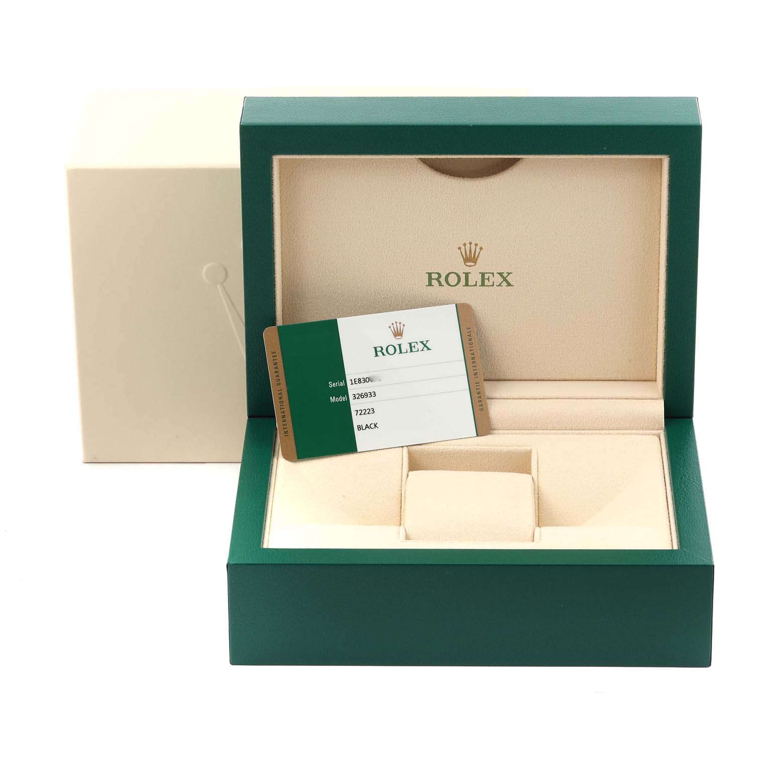 This image shows an open Rolex Sky-Dweller 326933 Men
s Steel and Gold (two tone) Black Dial 326933 Men
s Steel and Gold (two tone) Black Dial watch box with a warranty card inside.