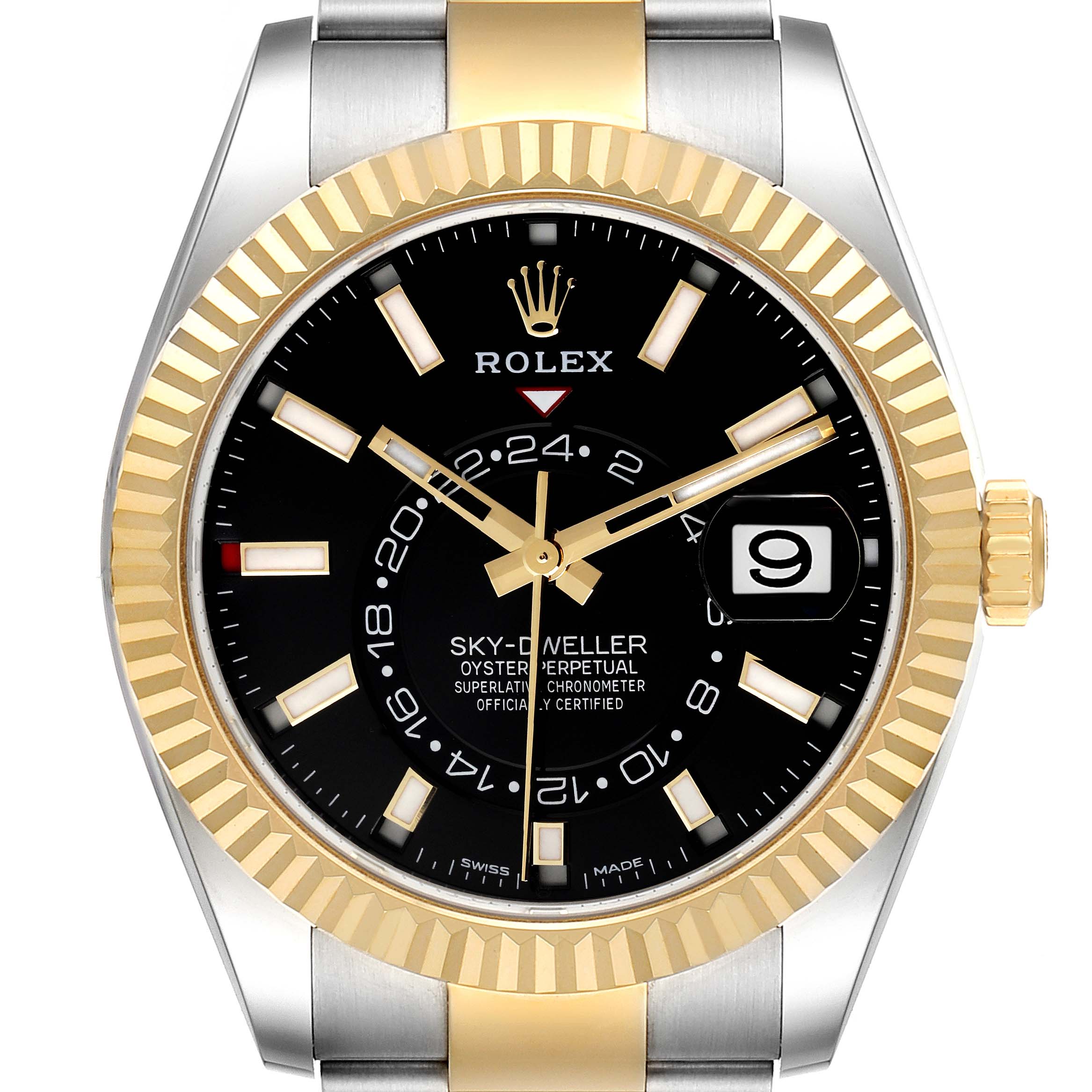 The image shows a front view of the Rolex Sky-Dweller 326933 Men
s Steel and Gold (two tone) Black Dial 326933 Men
s Steel and Gold (two tone) Black Dial watch, featuring a black dial, gold bezel, and two-tone bracelet.