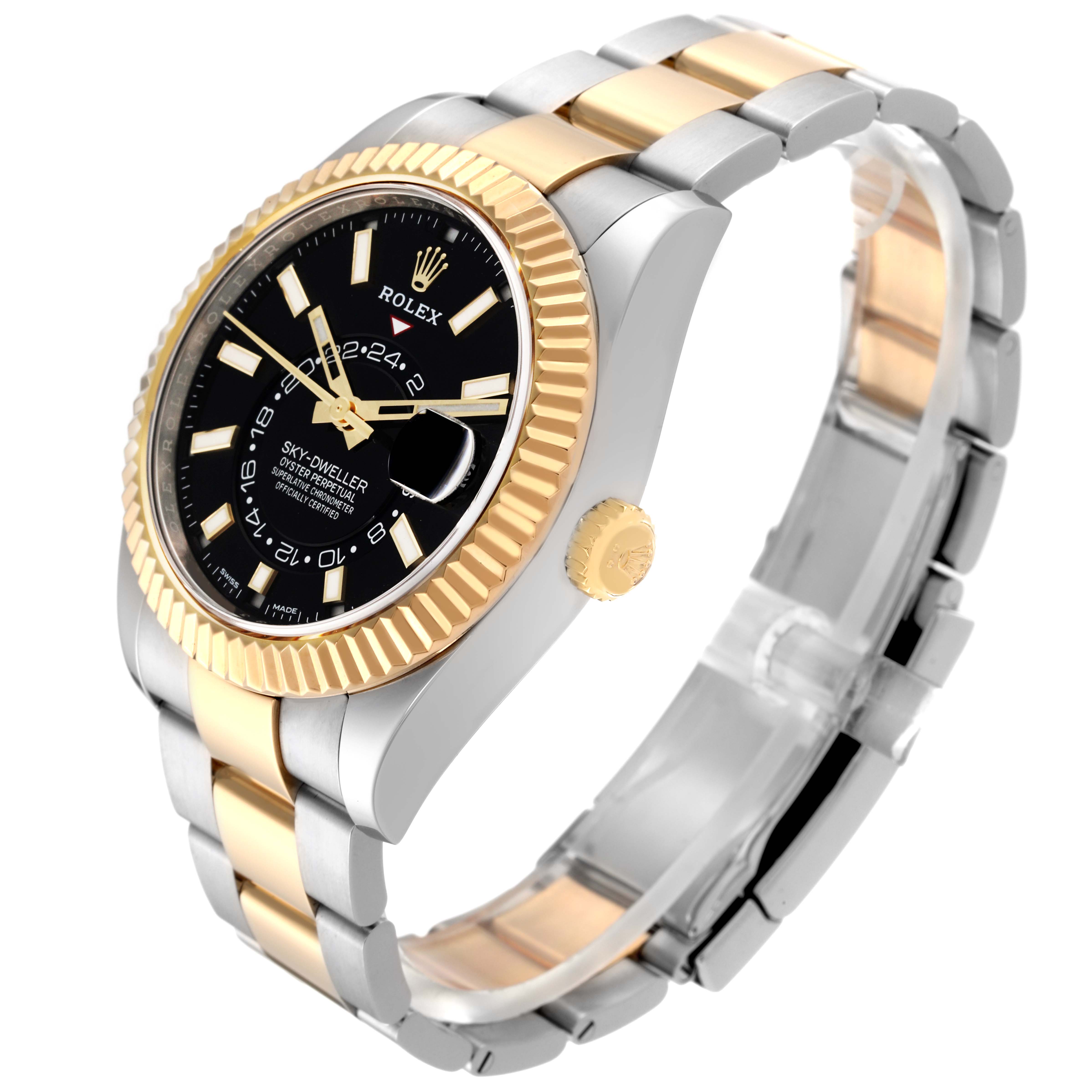 The image shows a Rolex Sky-Dweller 326933 Men
s Steel and Gold (two tone) Black Dial 326933 Men
s Steel and Gold (two tone) Black Dial watch at an angle highlighting its face, bezel, crown, and two-tone bracelet.