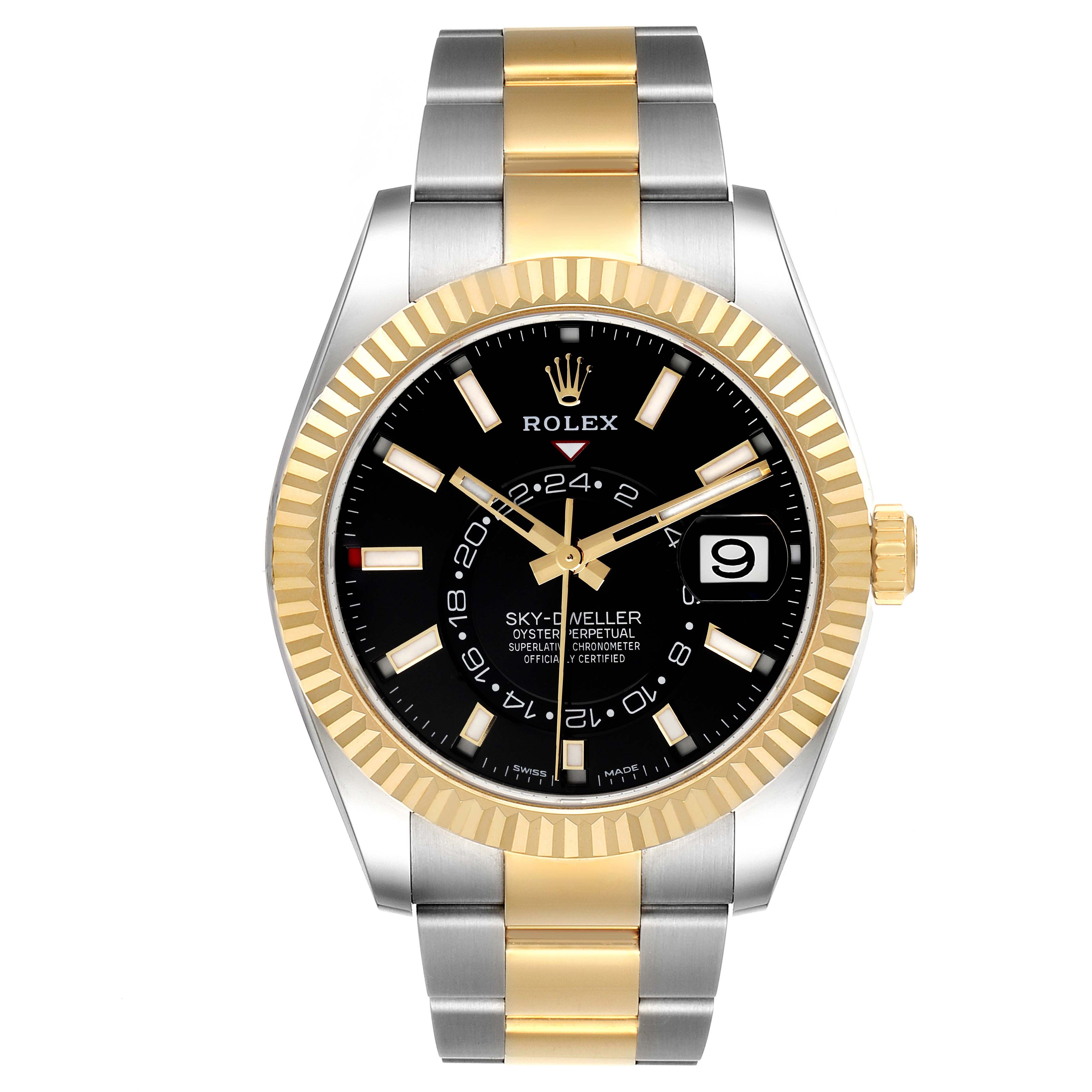 The image shows a front view of the Rolex Sky-Dweller 326933 Men
s Steel and Gold (two tone) Black Dial 326933 Men
s Steel and Gold (two tone) Black Dial watch, featuring a two-tone band and a black dial with gold accents.