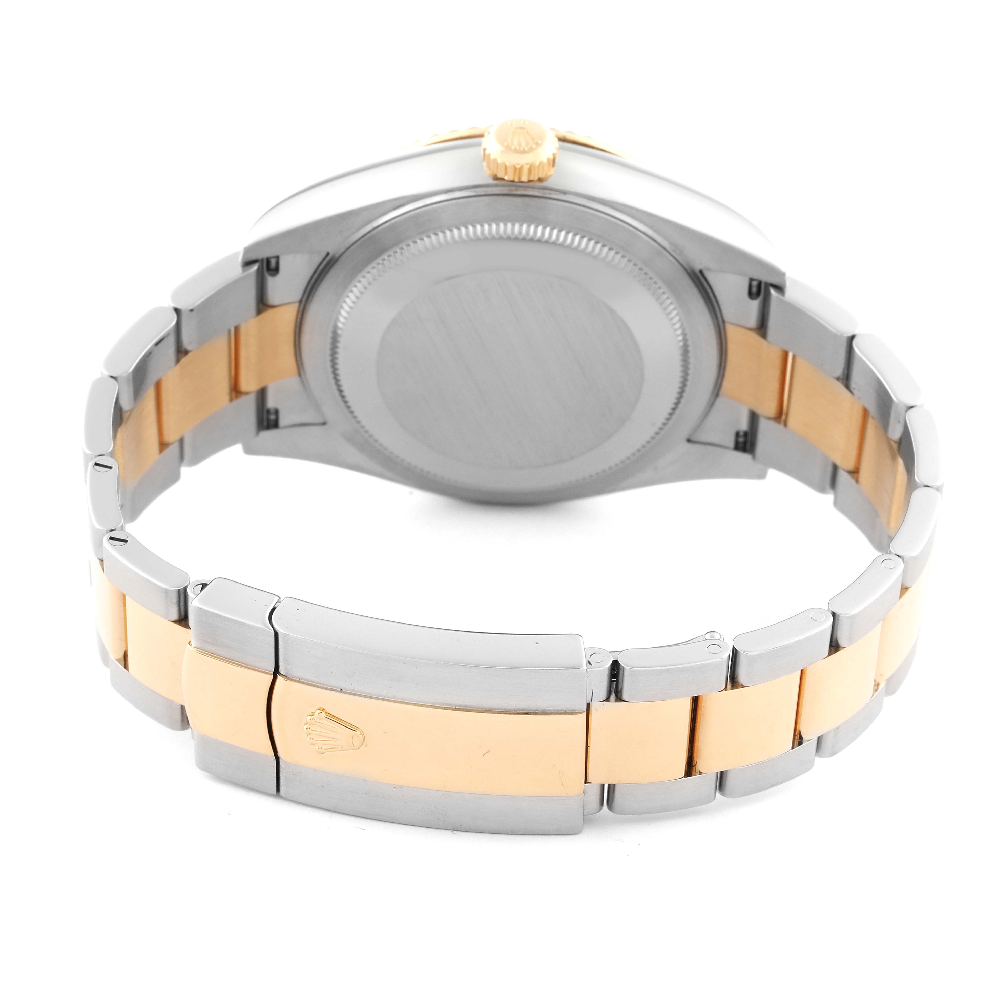 The image shows the back case and bracelet of the Rolex Sky-Dweller 326933 Men
s Steel and Gold (two tone) Black Dial 326933 Men
s Steel and Gold (two tone) Black Dial watch, with a two-tone metal design.