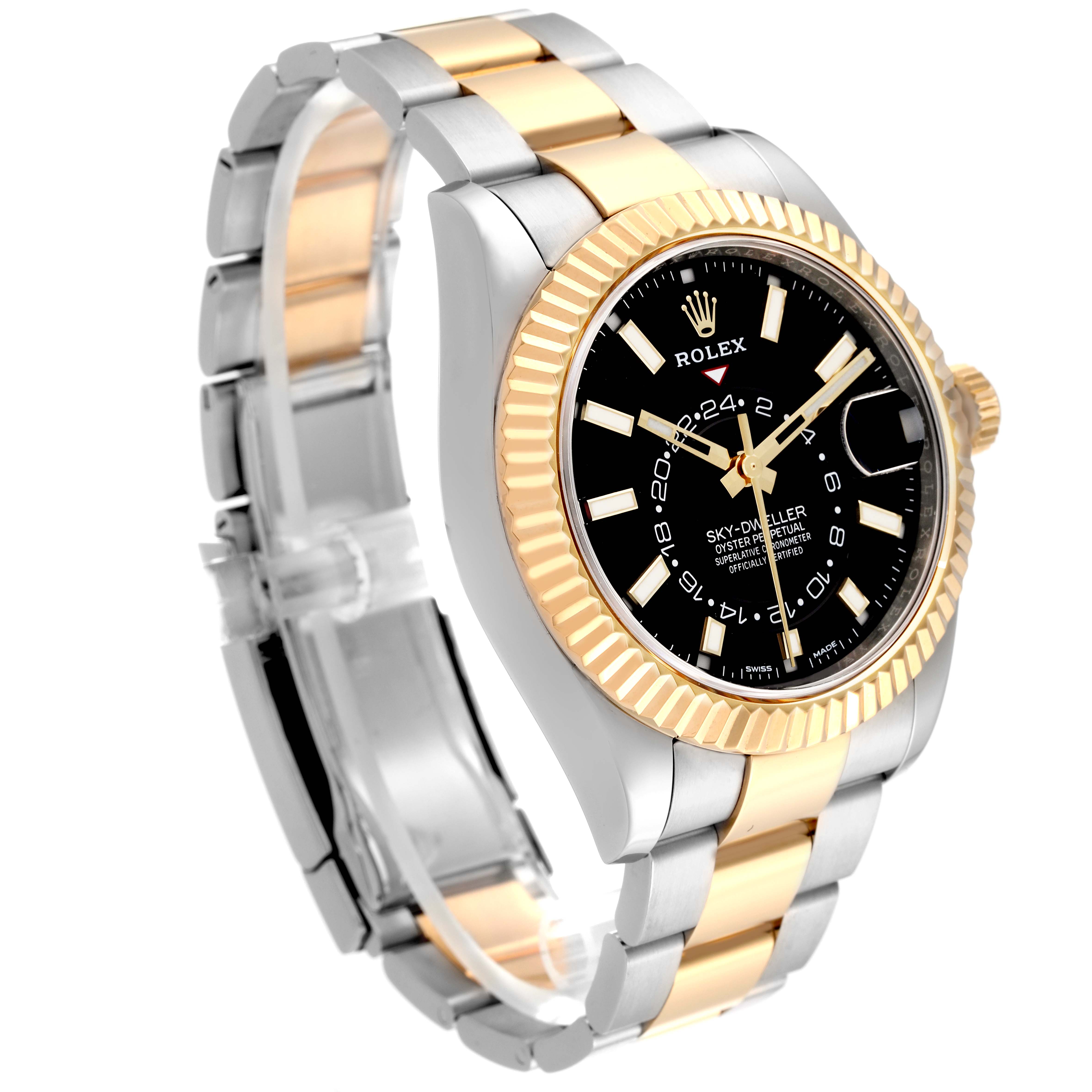 The image shows a side view angle of a Rolex Sky-Dweller 326933 Men
s Steel and Gold (two tone) Black Dial 326933 Men
s Steel and Gold (two tone) Black Dial watch, highlighting its two-tone bracelet and black dial.
