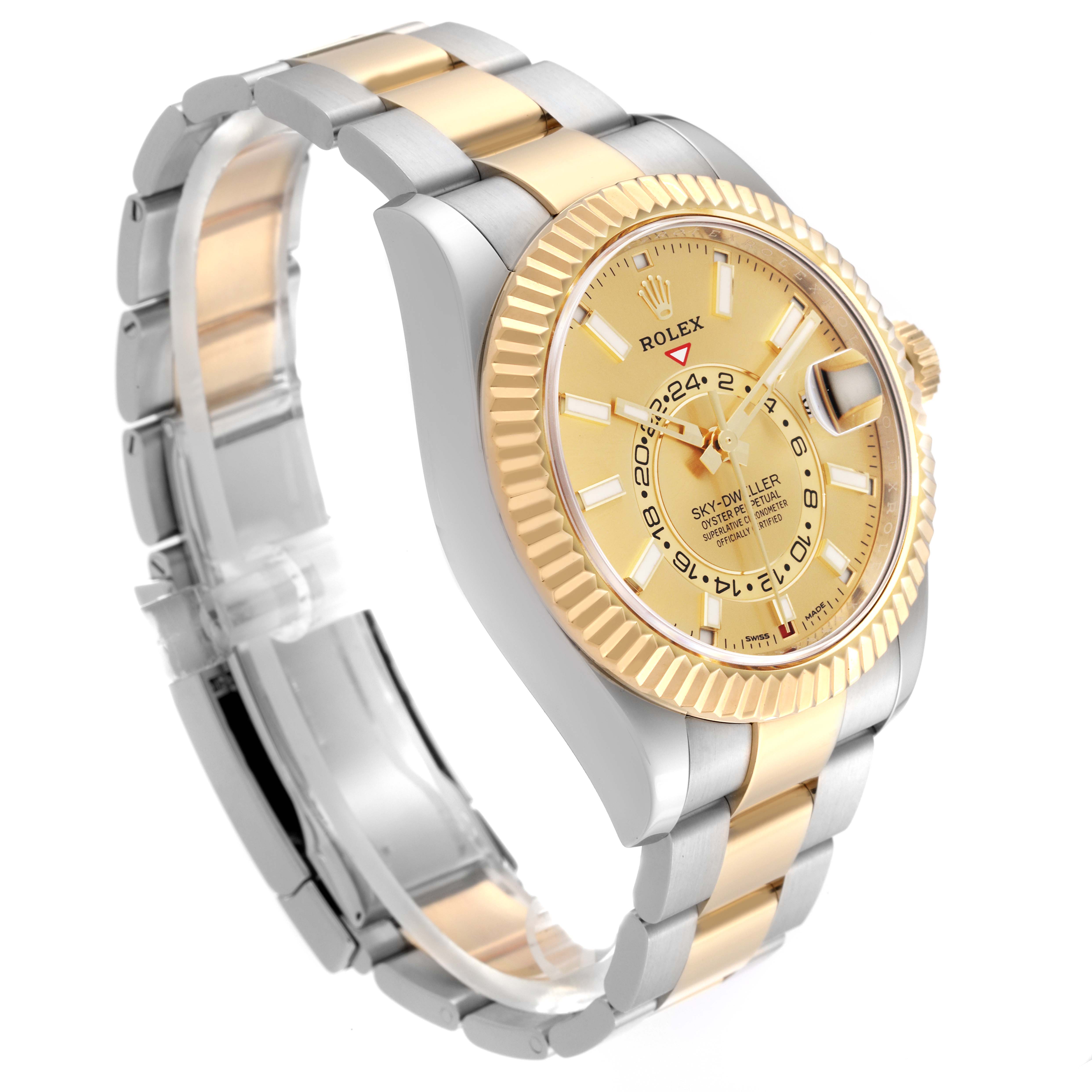 This image shows a gold and silver Rolex Sky-Dweller 326933 Men's Steel and Gold (two tone) Champagne Dial 326933 Men's Steel and Gold (two tone) Champagne Dial watch from an angled side view, highlighting its bracelet, face, and bezel.