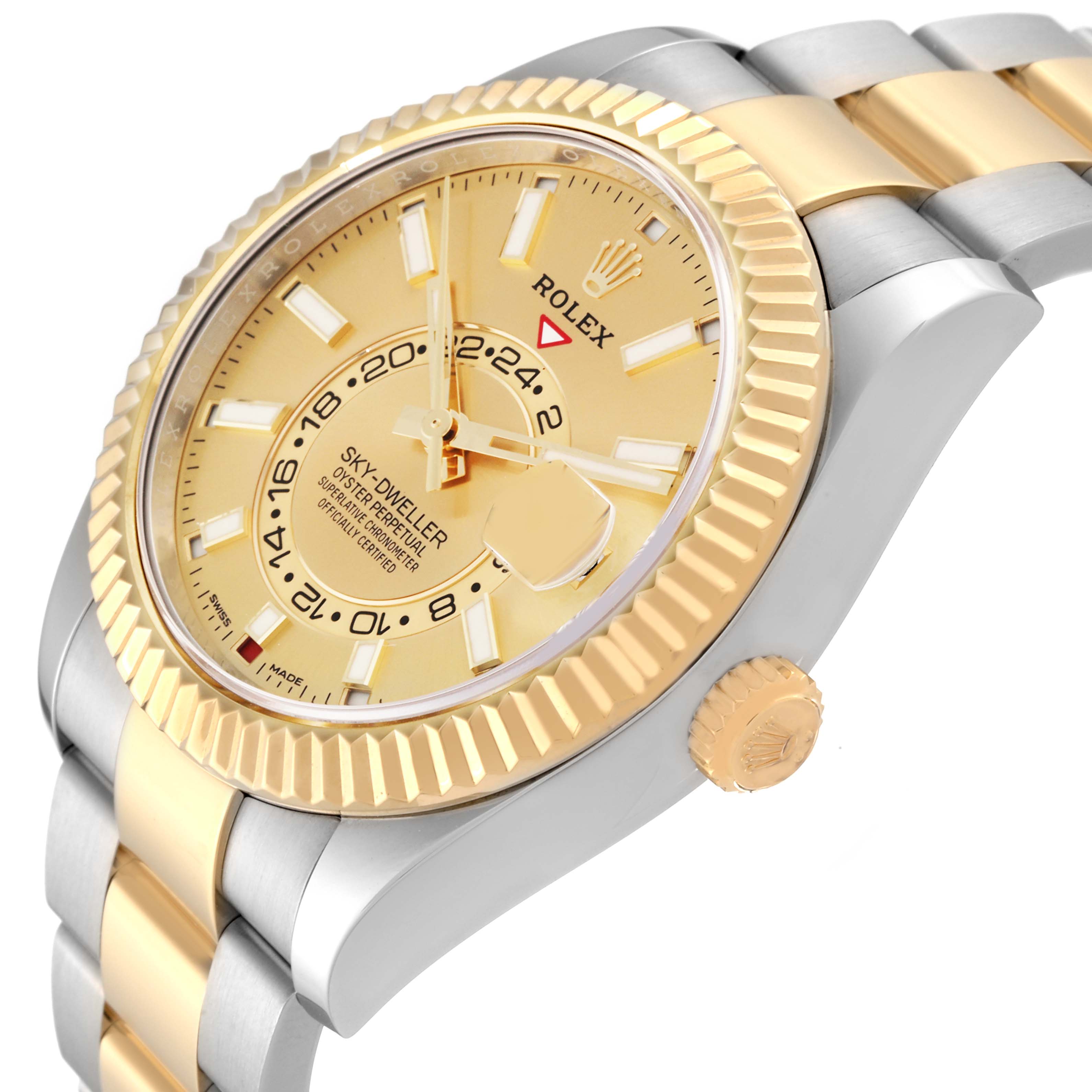 This image shows a close-up, side angle of a Rolex Sky-Dweller 326933 Men's Steel and Gold (two tone) Champagne Dial 326933 Men's Steel and Gold (two tone) Champagne Dial watch, highlighting the dial, bezel, and part of the bracelet.
