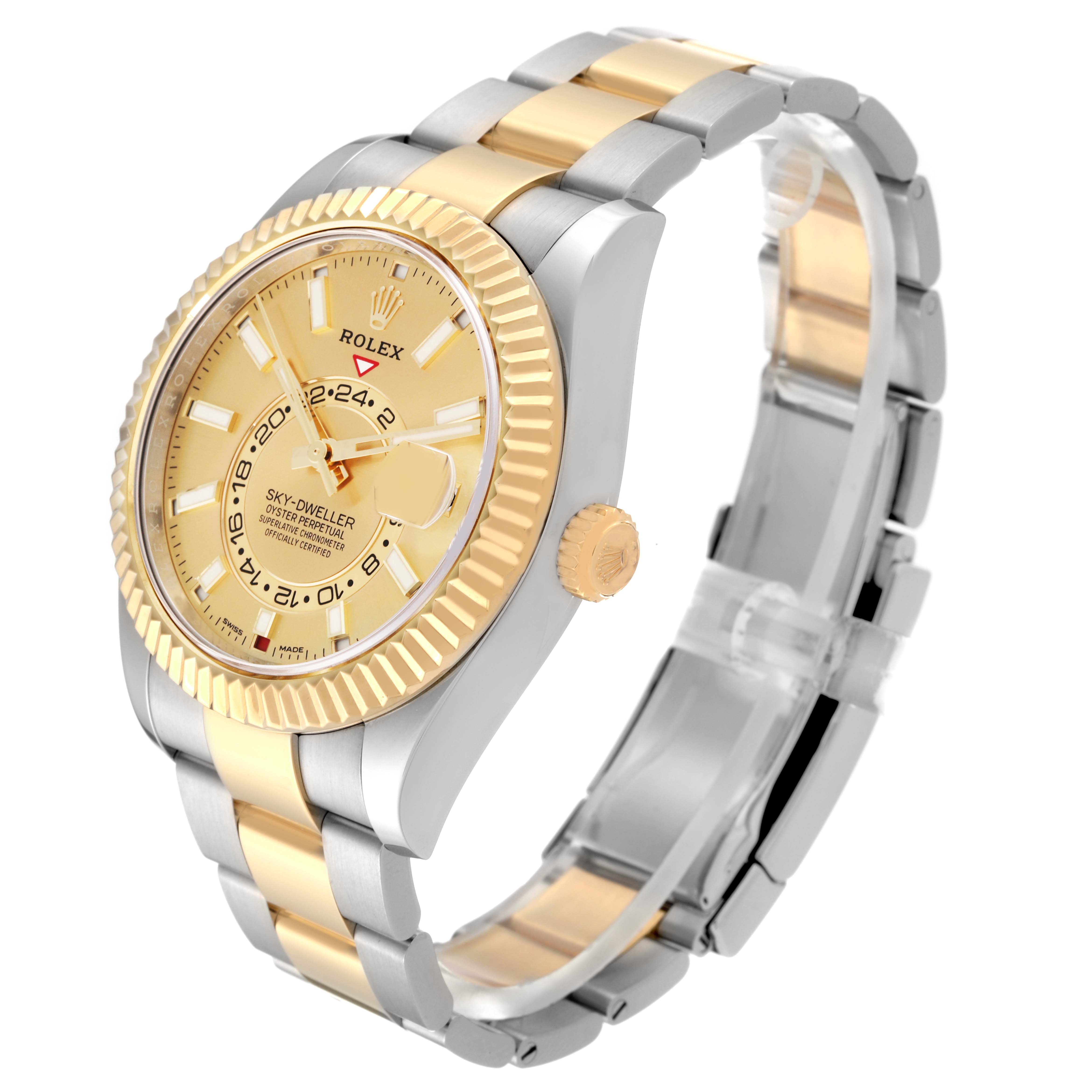 The image shows a Rolex Sky-Dweller 326933 Men's Steel and Gold (two tone) Champagne Dial 326933 Men's Steel and Gold (two tone) Champagne Dial watch with a side-angle view, featuring a gold dial, two-tone bracelet, and a fluted bezel.