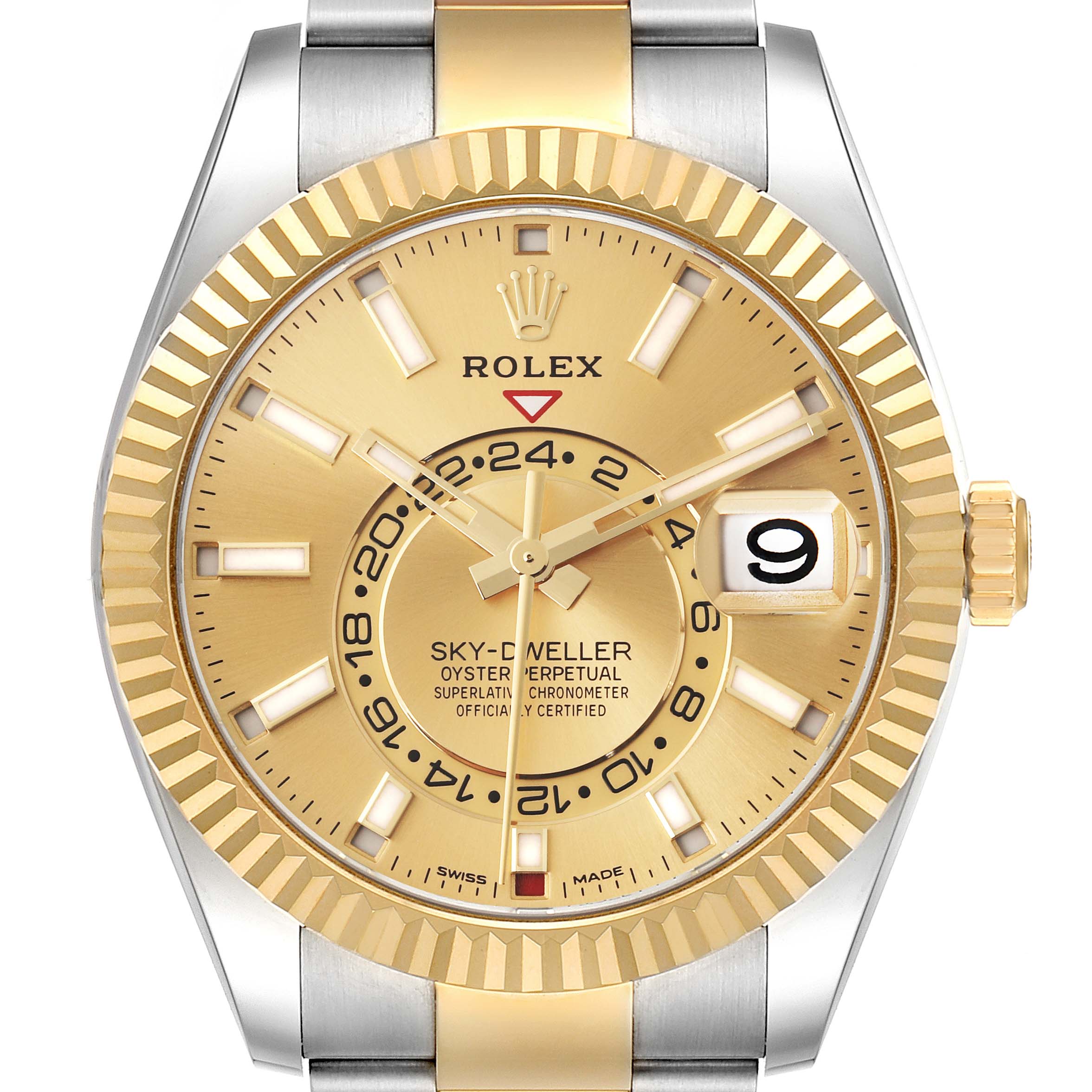 This image shows a front view of the Rolex Sky-Dweller 326933 Men's Steel and Gold (two tone) Champagne Dial 326933 Men's Steel and Gold (two tone) Champagne Dial watch, displaying the dial, hands, date window, and bezel.