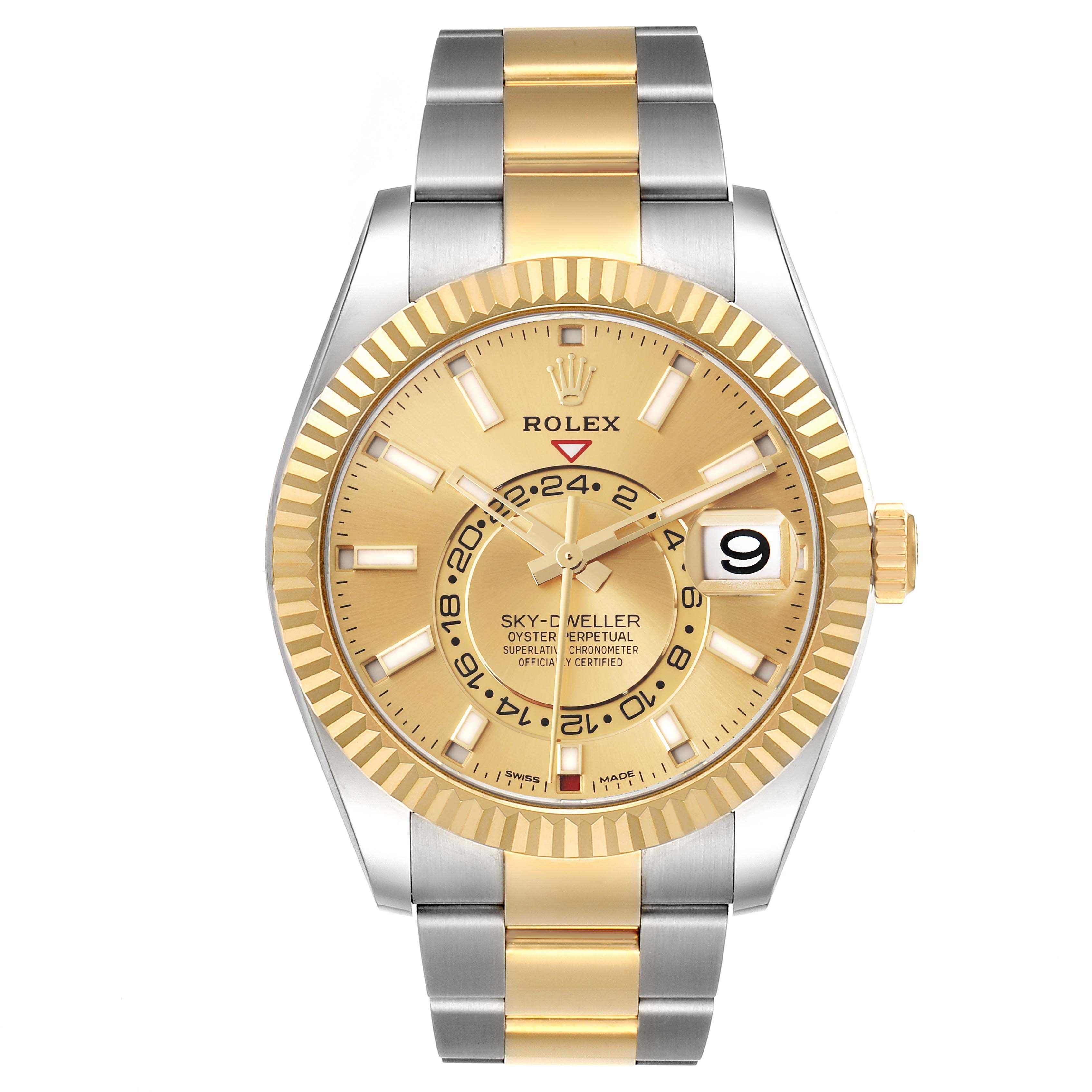 The Rolex Sky-Dweller 326933 Men's Steel and Gold (two tone) Champagne Dial 326933 Men's Steel and Gold (two tone) Champagne Dial watch is shown from a front angle, highlighting its gold dial, fluted bezel, date window, and two-tone band.