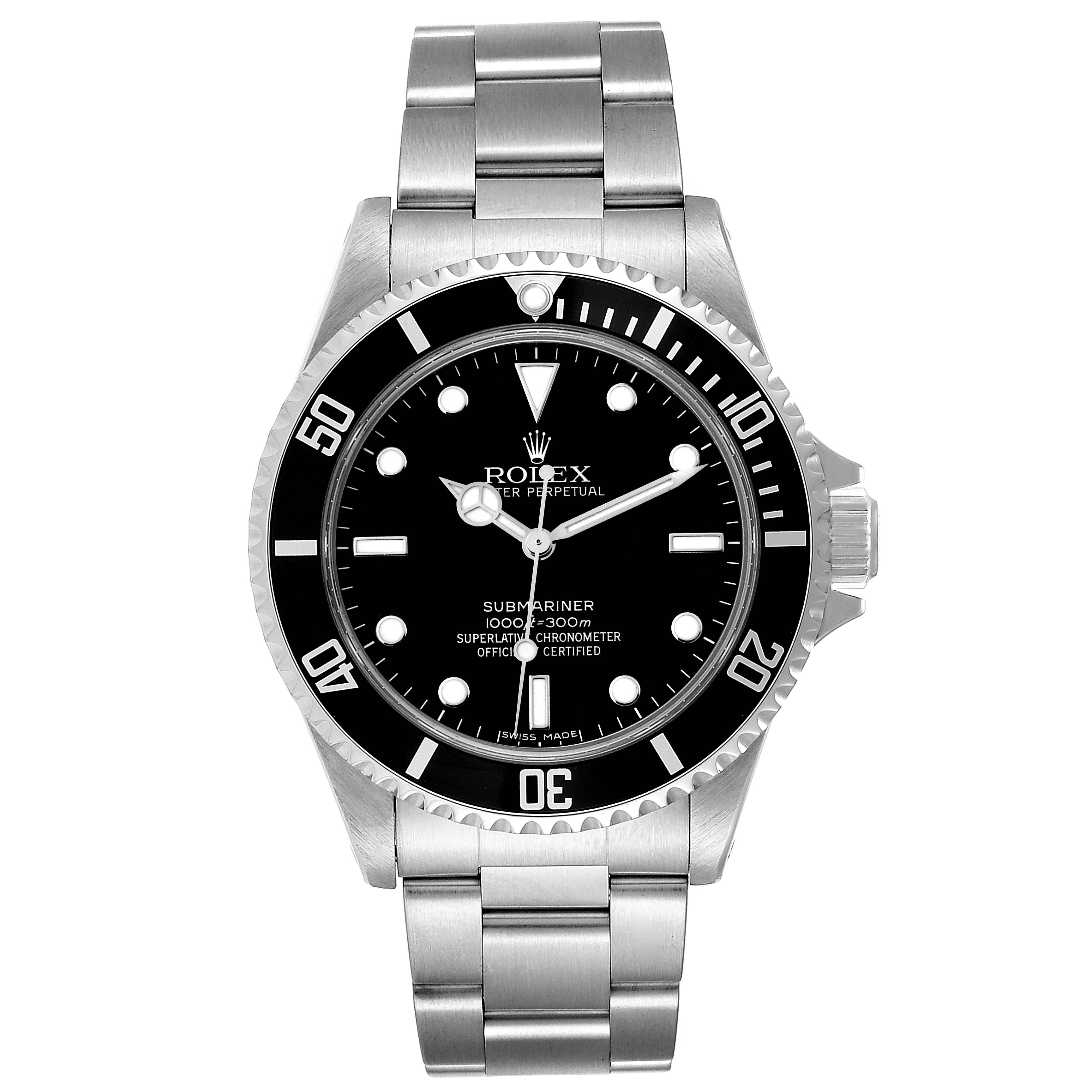 The image shows a front view of the Rolex Submariner 14060M Men
s Stainless Steel Black Dial 14060M Men
s Stainless Steel Black Dial watch, highlighting its dial, bezel, and stainless steel bracelet.