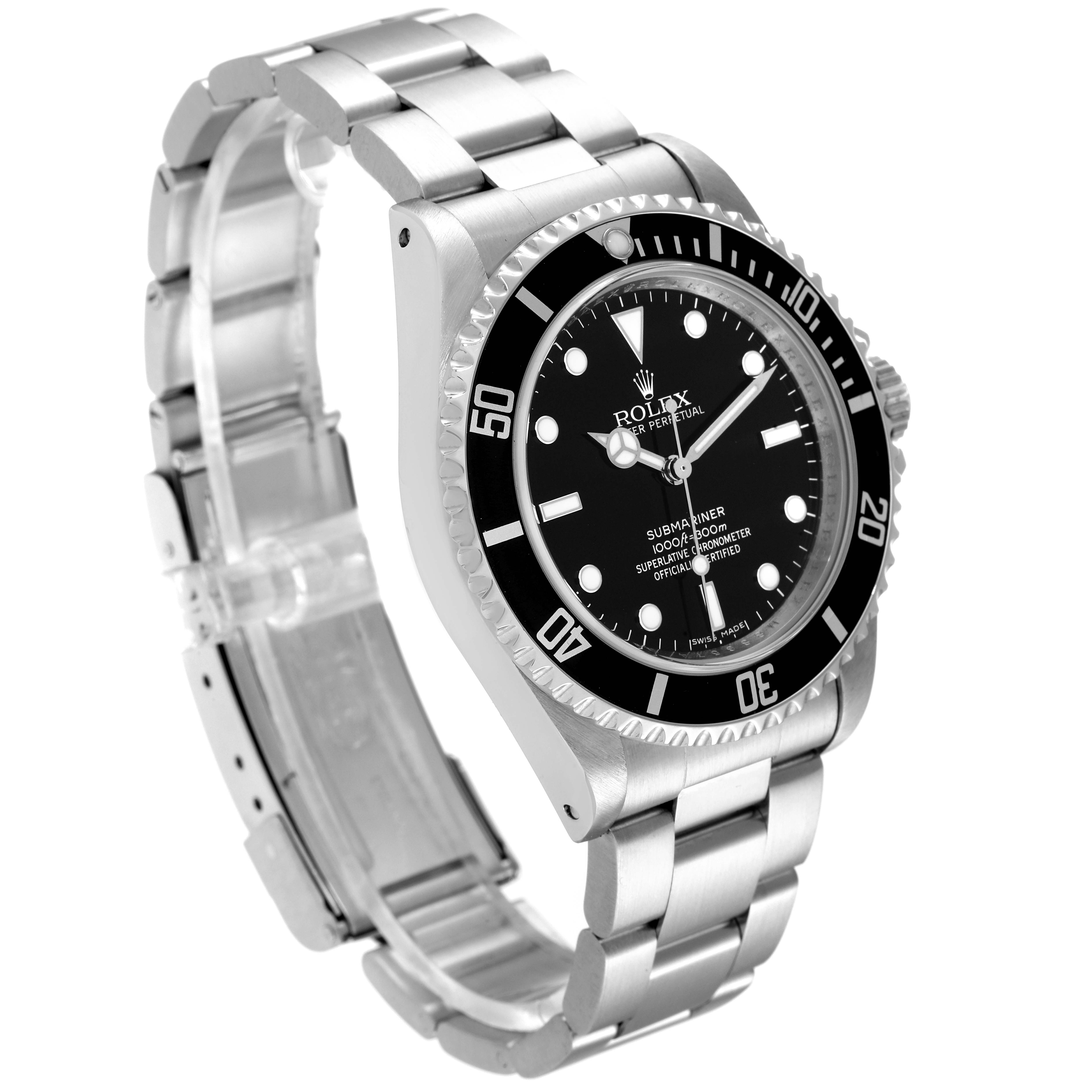 The image shows the Rolex Submariner 14060M Men
s Stainless Steel Black Dial 14060M Men
s Stainless Steel Black Dial watch at an angled view displaying the face, bezel, and stainless steel bracelet.