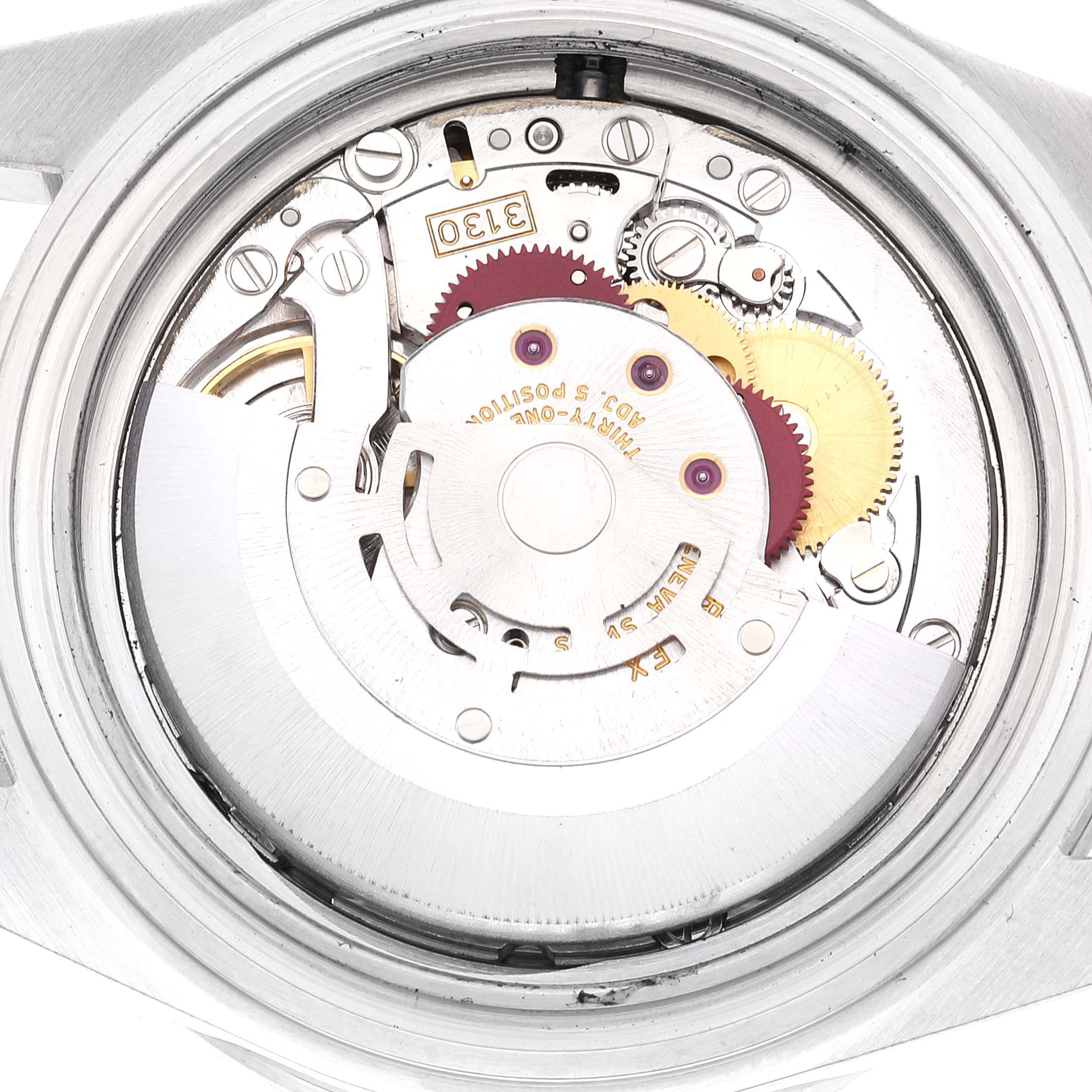 This is a close-up view of the movement and internal components of a Rolex Submariner 14060M Men
s Stainless Steel Black Dial 14060M Men
s Stainless Steel Black Dial watch.