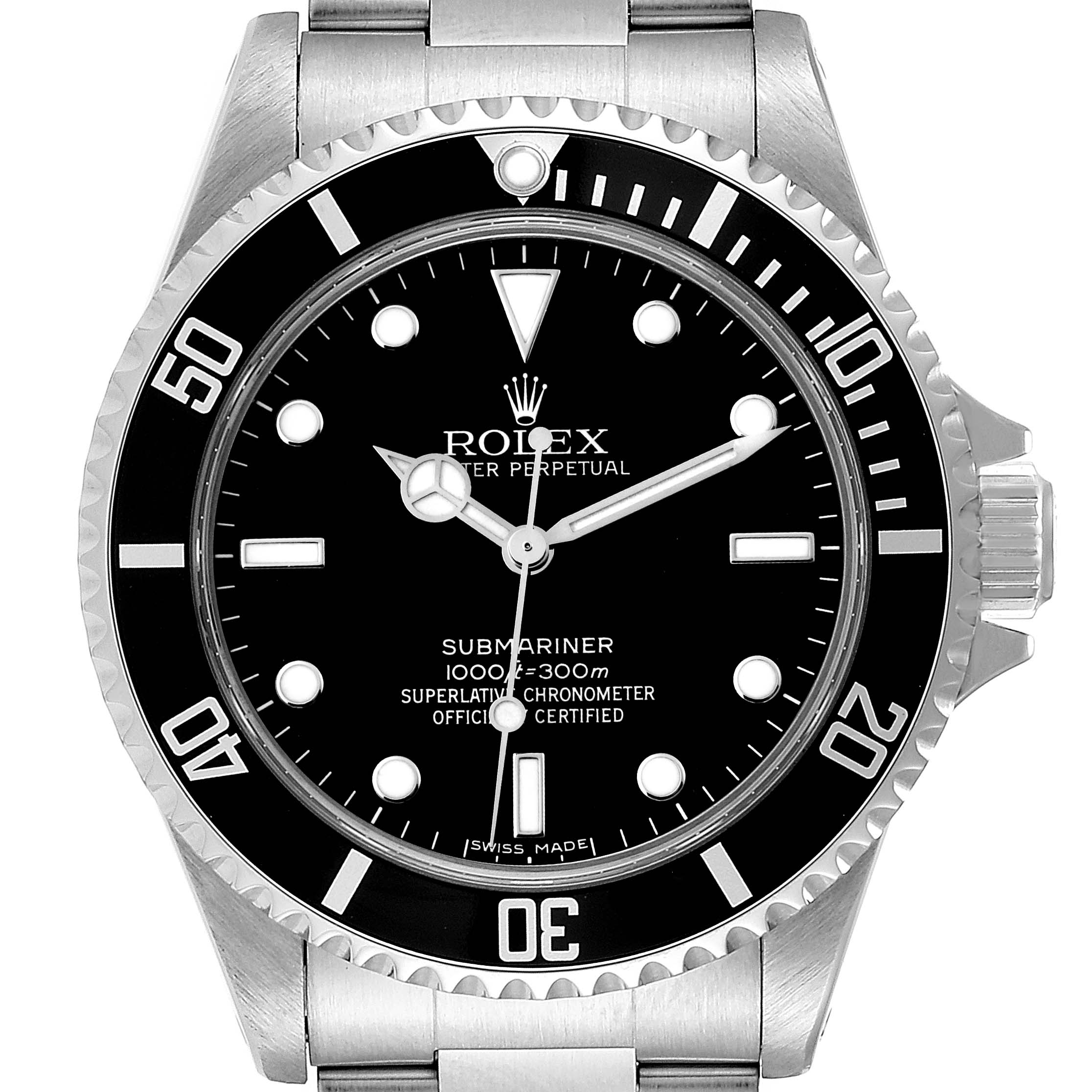 This image shows a front view of a Rolex Submariner 14060M Men
s Stainless Steel Black Dial 14060M Men
s Stainless Steel Black Dial watch, focusing on the black dial, bezel, and stainless steel bracelet.
