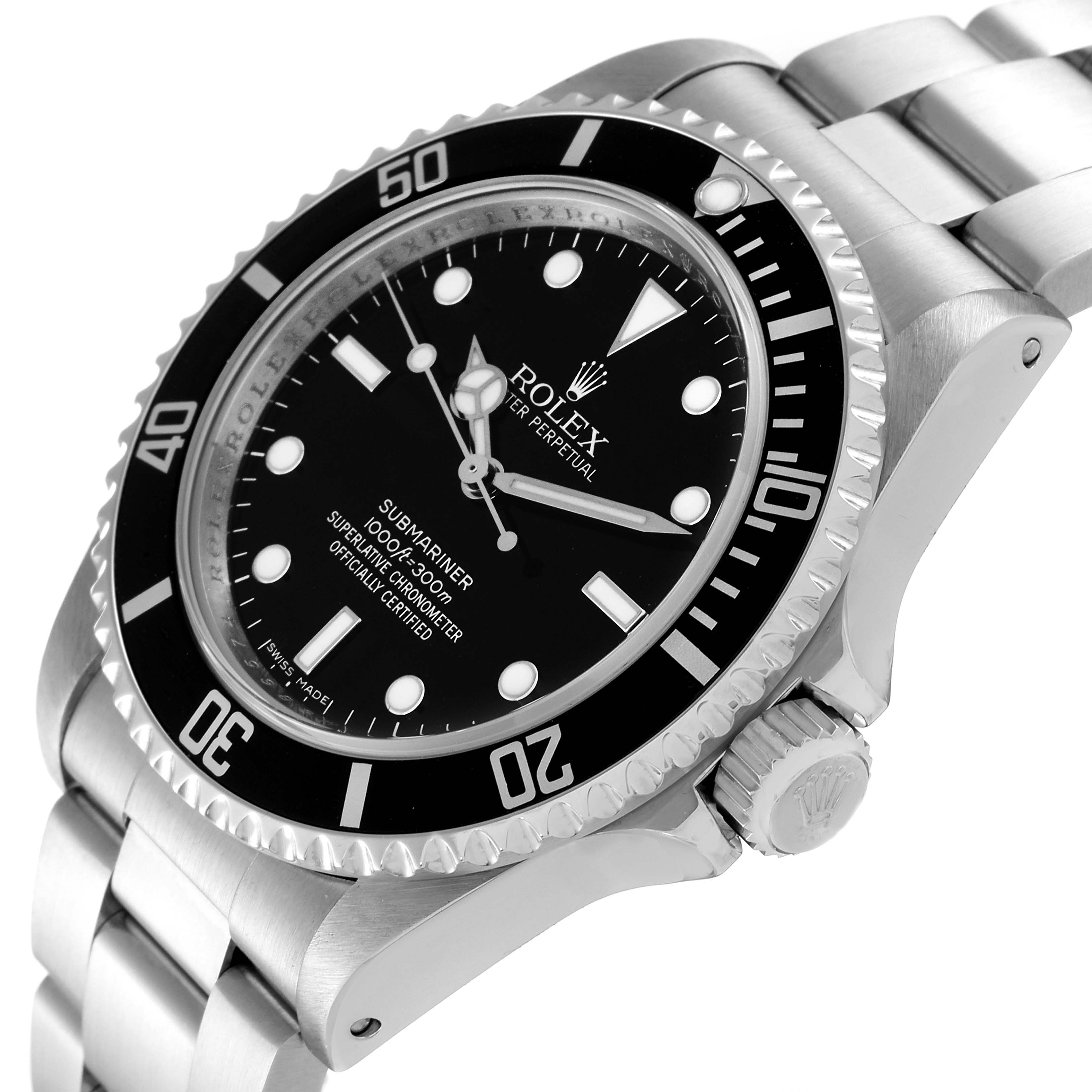 The image shows a Rolex Submariner 14060M Men
s Stainless Steel Black Dial 14060M Men
s Stainless Steel Black Dial watch at an angled side view, highlighting the bezel, dial, crown, and part of the bracelet.