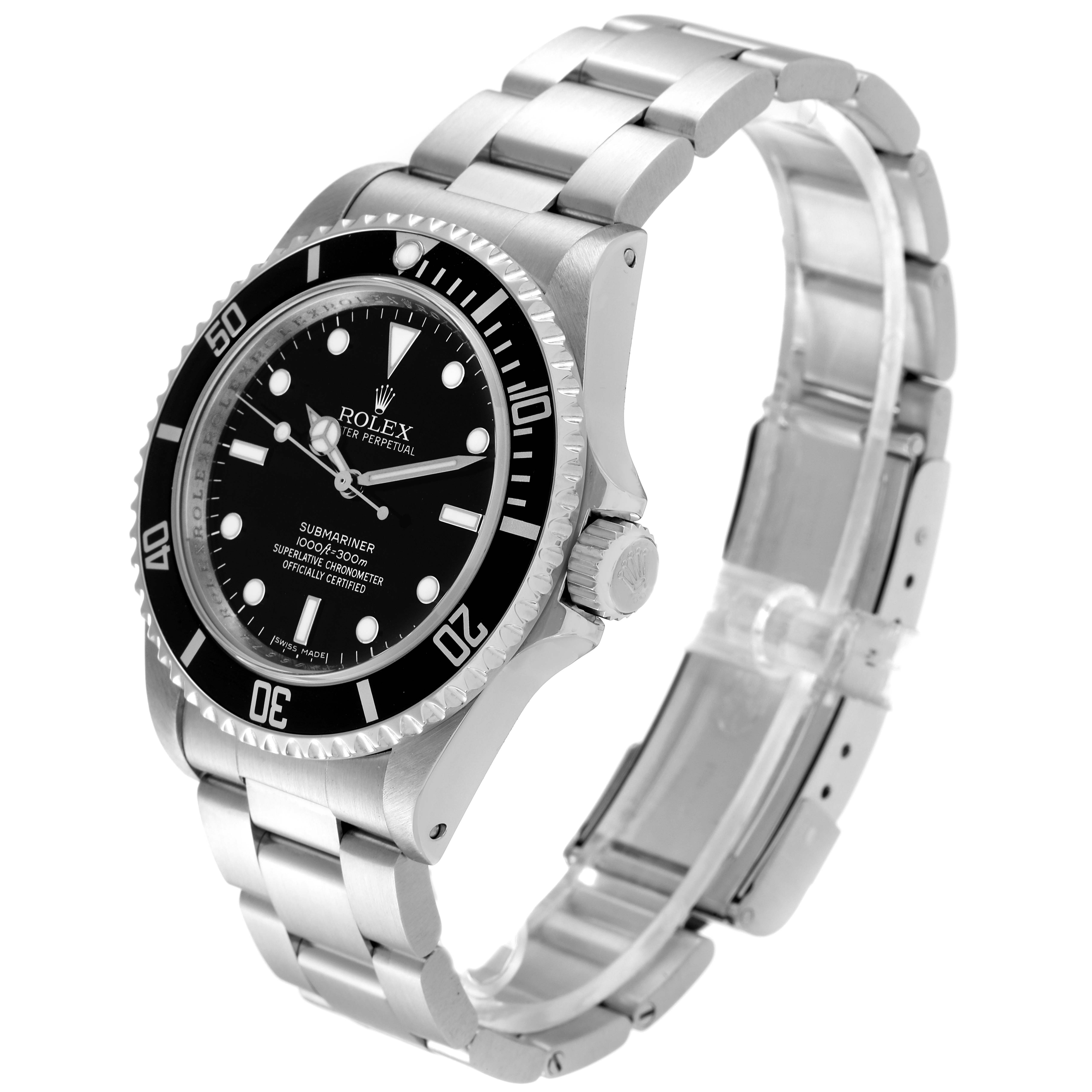 The image shows a Rolex Submariner 14060M Men
s Stainless Steel Black Dial 14060M Men
s Stainless Steel Black Dial watch from a three-quarter angle displaying the face, bezel, crown, and stainless steel bracelet.