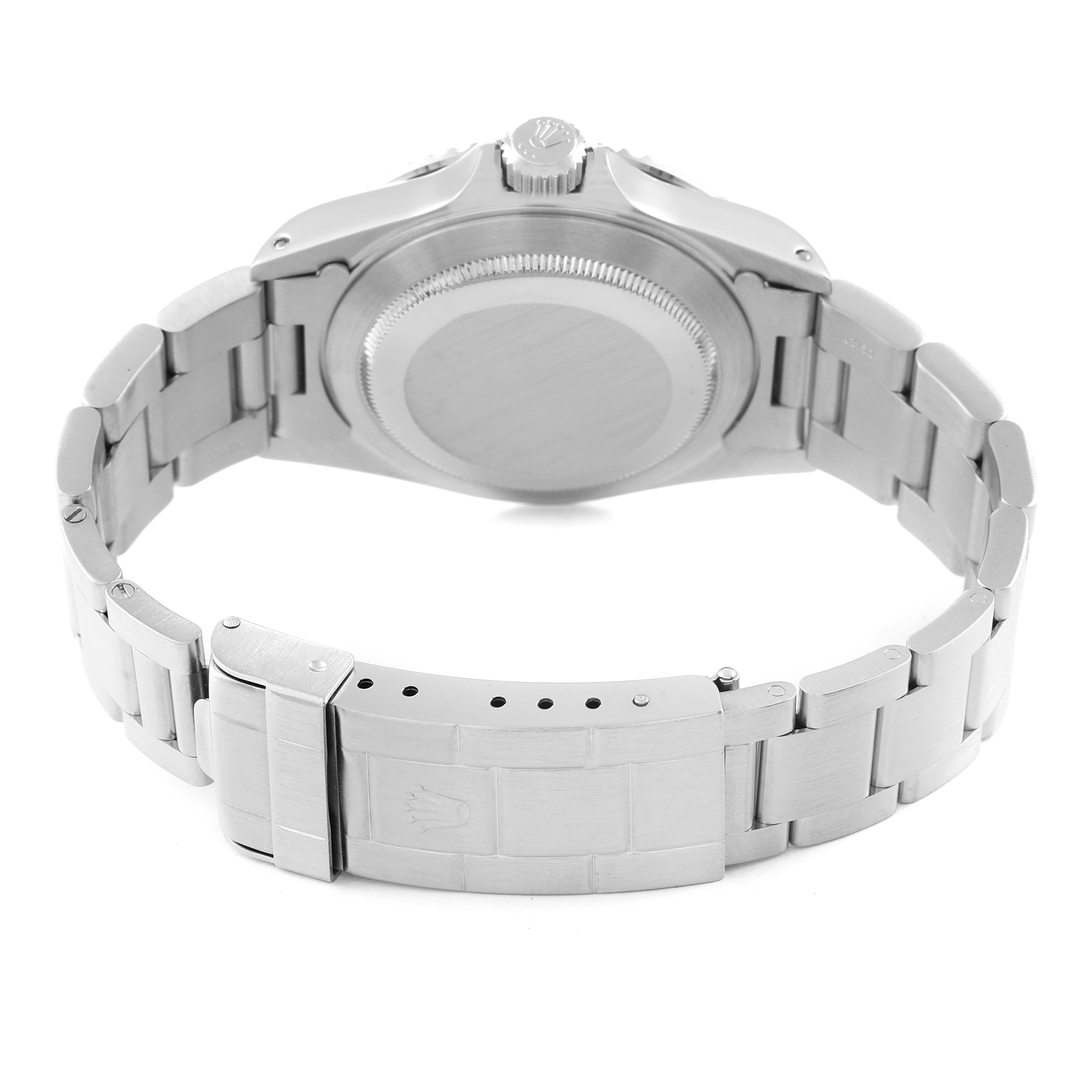 This image shows the back case and bracelet of a Rolex Submariner 14060M Men
s Stainless Steel Black Dial 14060M Men
s Stainless Steel Black Dial watch from a rear angle.