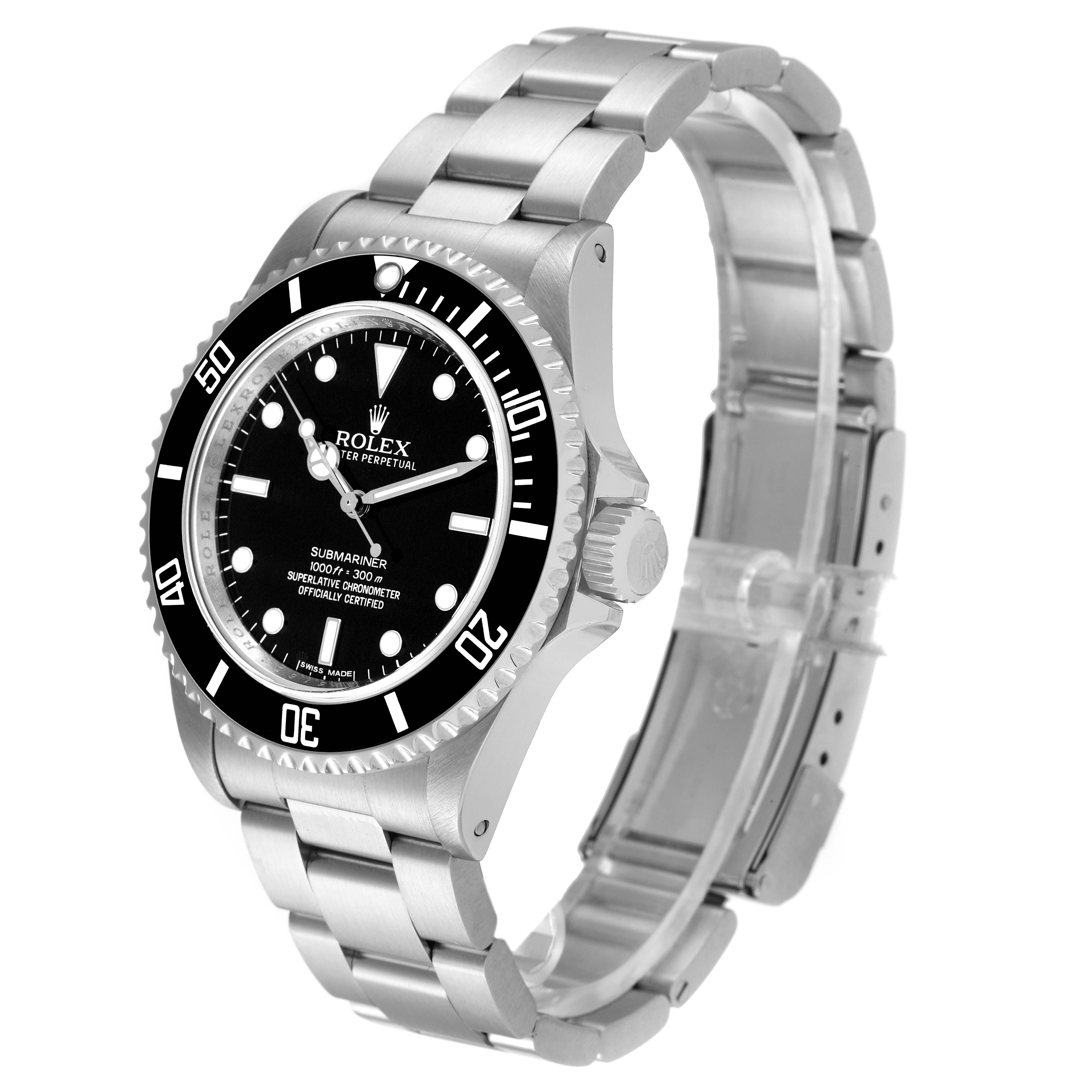 The image shows a side and front angle view of a Rolex Submariner 14060M Men
s Stainless Steel Black Dial 14060M Men
s Stainless Steel Black Dial, highlighting its face, crown, and bracelet.