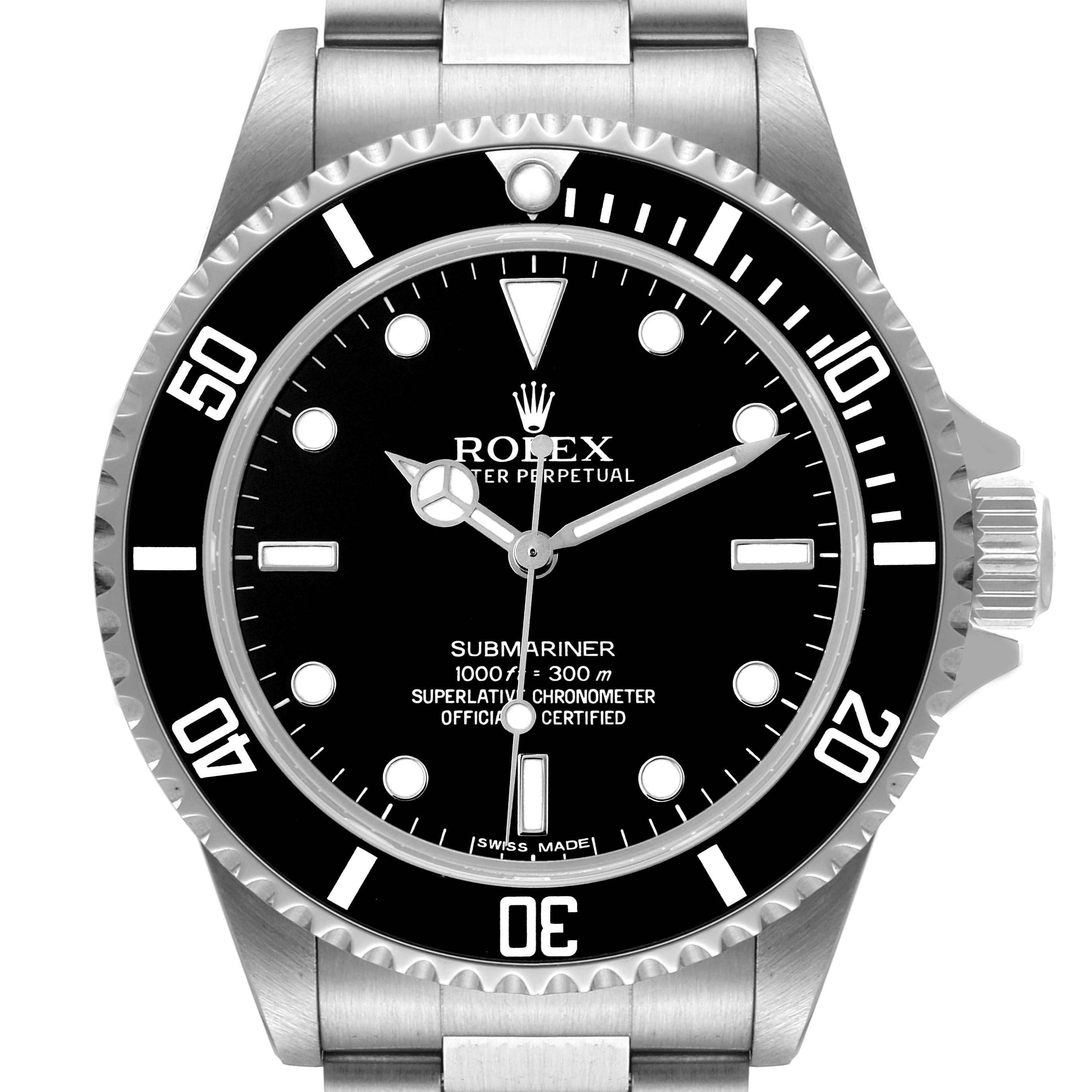 The image shows a front view of a Rolex Submariner 14060M Men
s Stainless Steel Black Dial 14060M Men
s Stainless Steel Black Dial watch, highlighting the dial, bezel, and part of the bracelet.